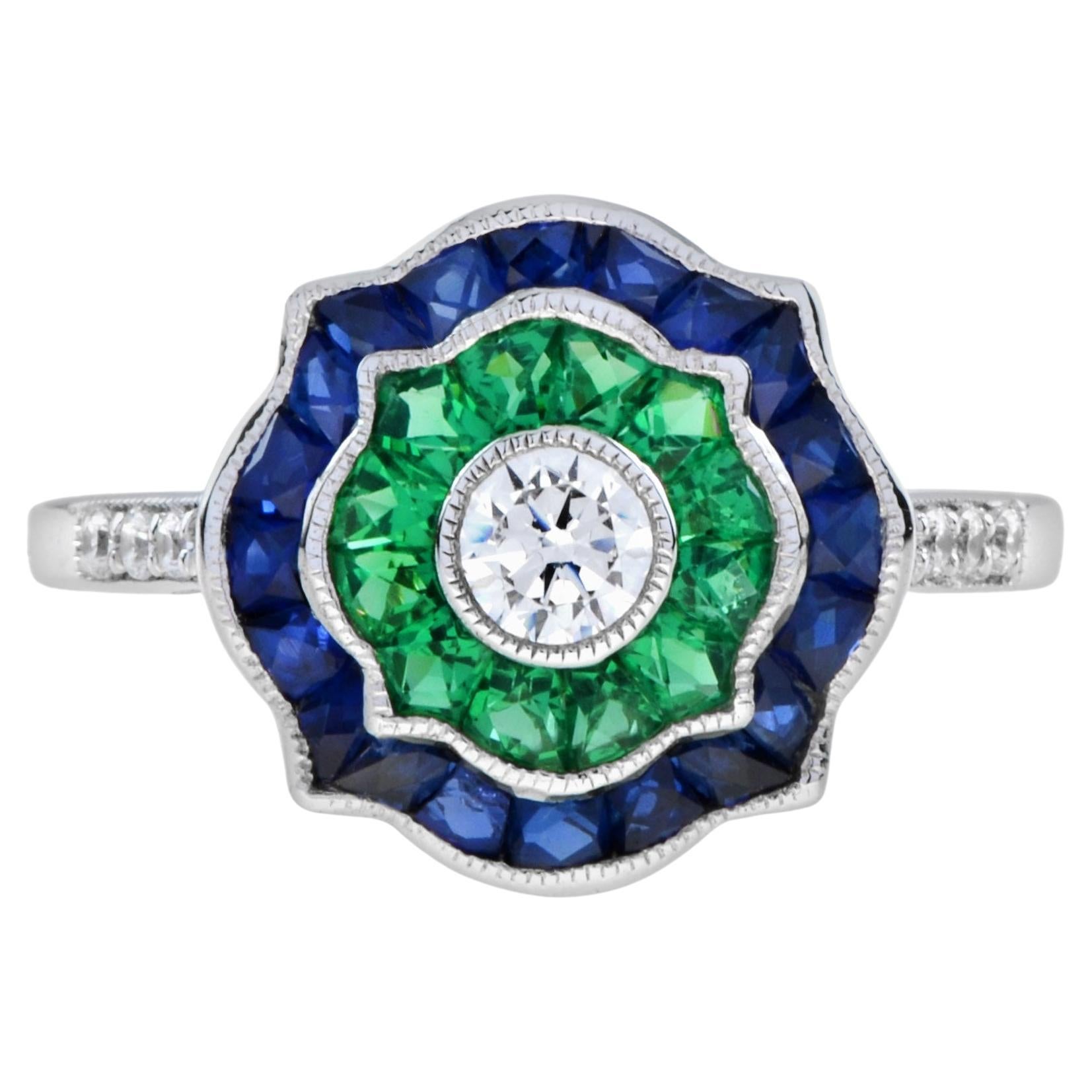 Diamond and Emerald Sapphire Art Deco Style Engagement Ring in 18k White Gold For Sale