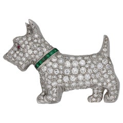 Vintage Diamond and Emerald Scottie Dog Brooch in White Gold
