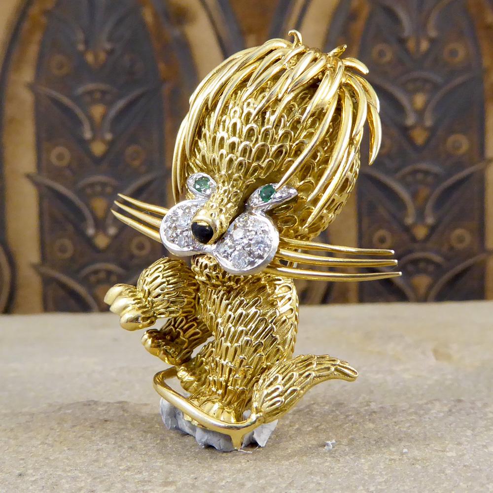 Diamond and Emerald Set Lion Brooch in 18 Carat Yellow Gold 1