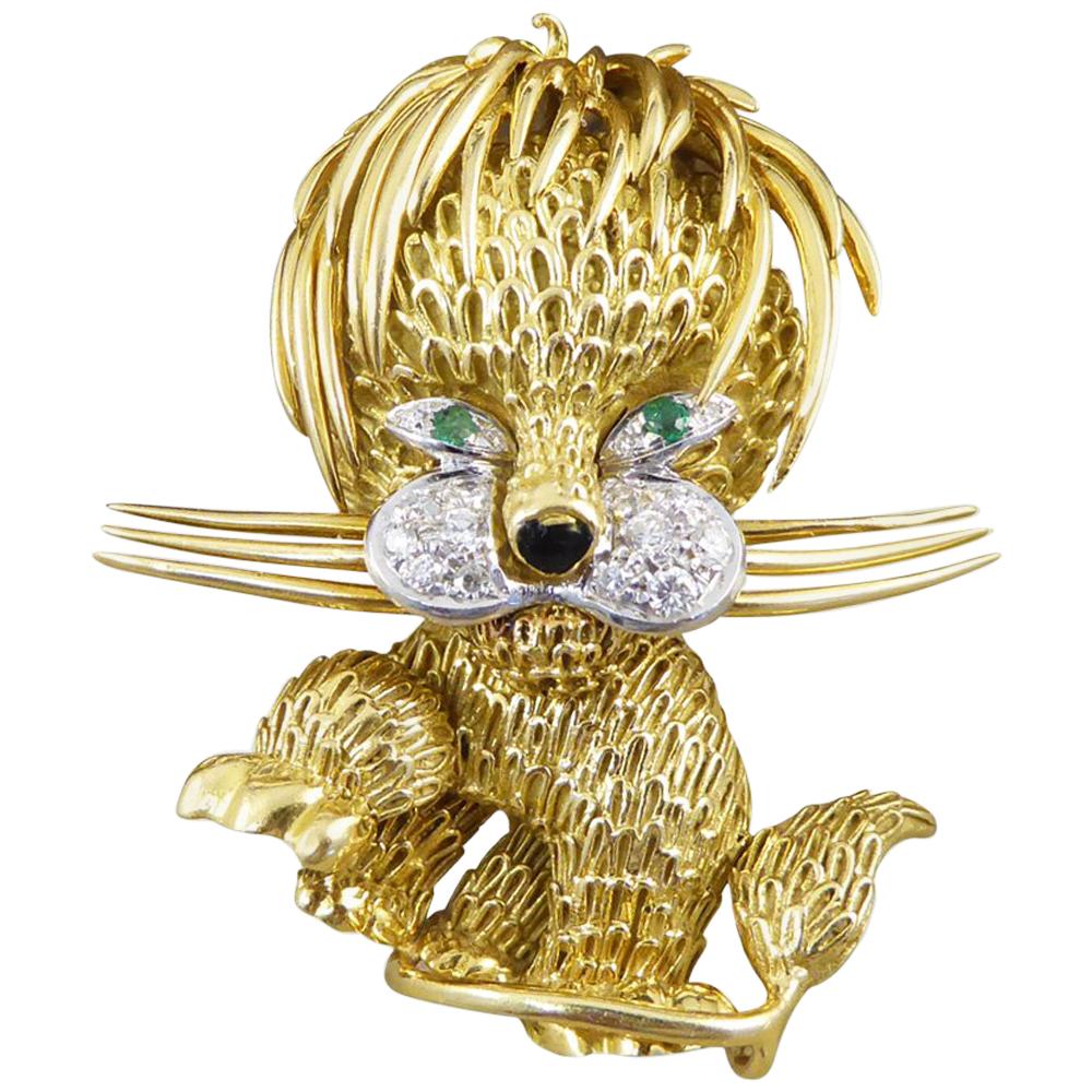 Diamond and Emerald Set Lion Brooch in 18 Carat Yellow Gold