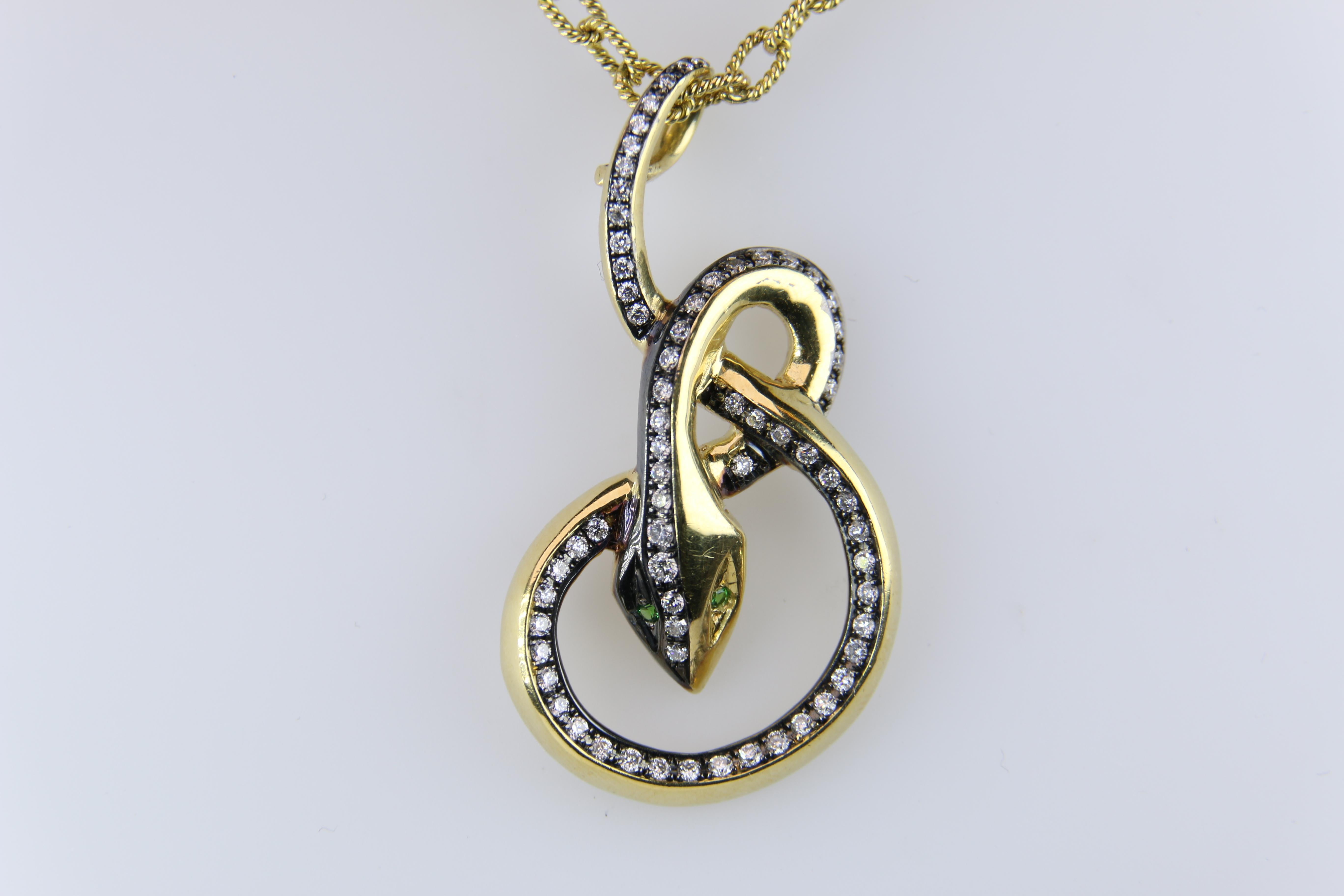 Modern Diamond and Emerald Snake Pendant Necklace