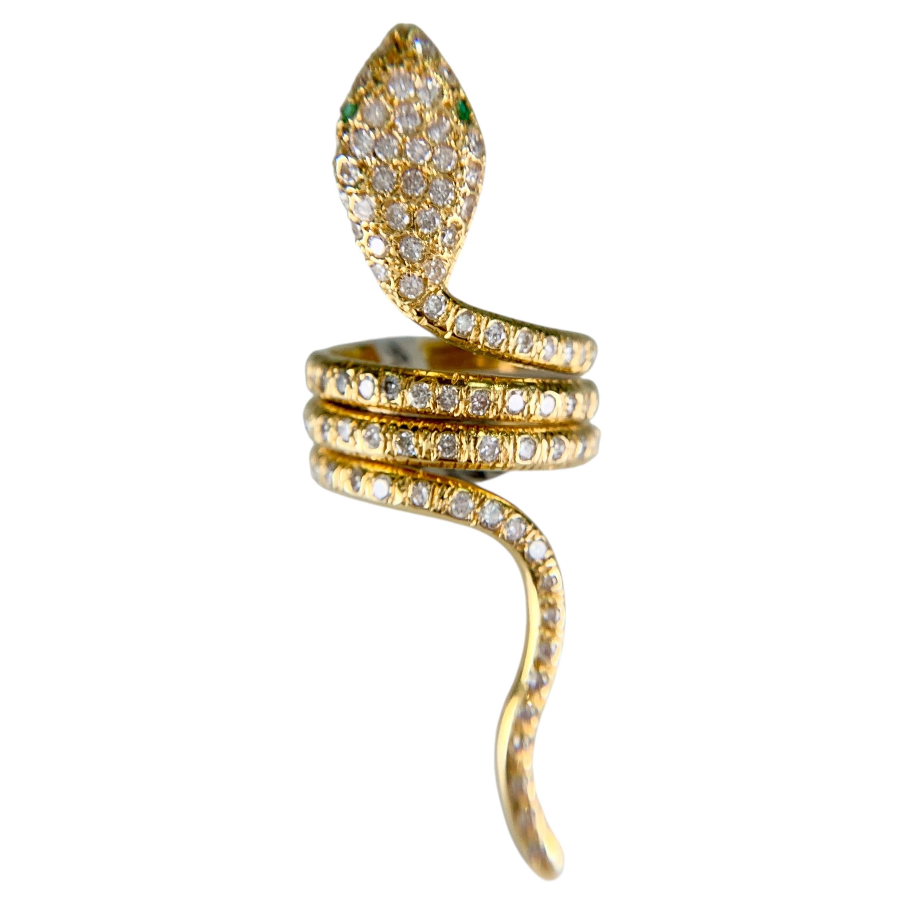 Diamant- und Smaragdschlangenring aus 18k Gelbgold, Größe 6, Unisex