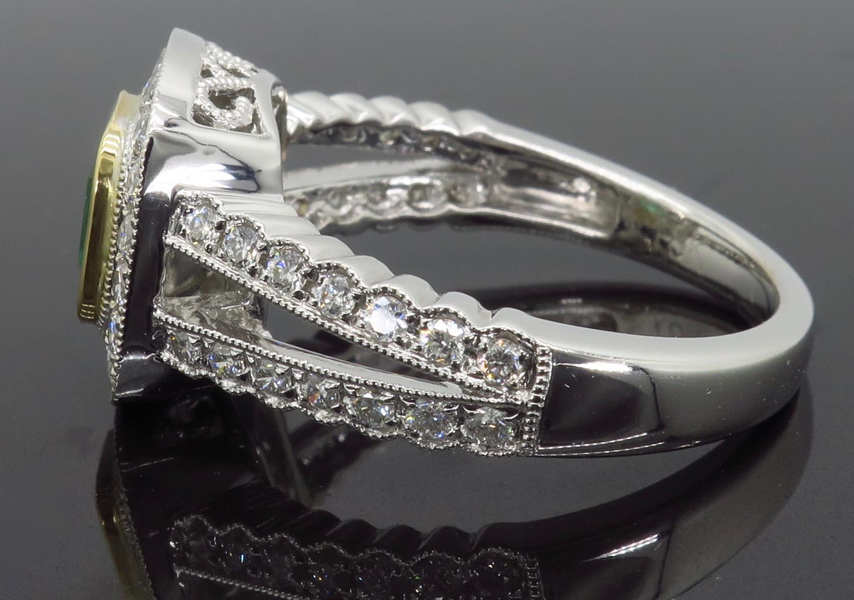 Women's or Men's Diamond and Emerald Split Shank Ring in 18 Karat