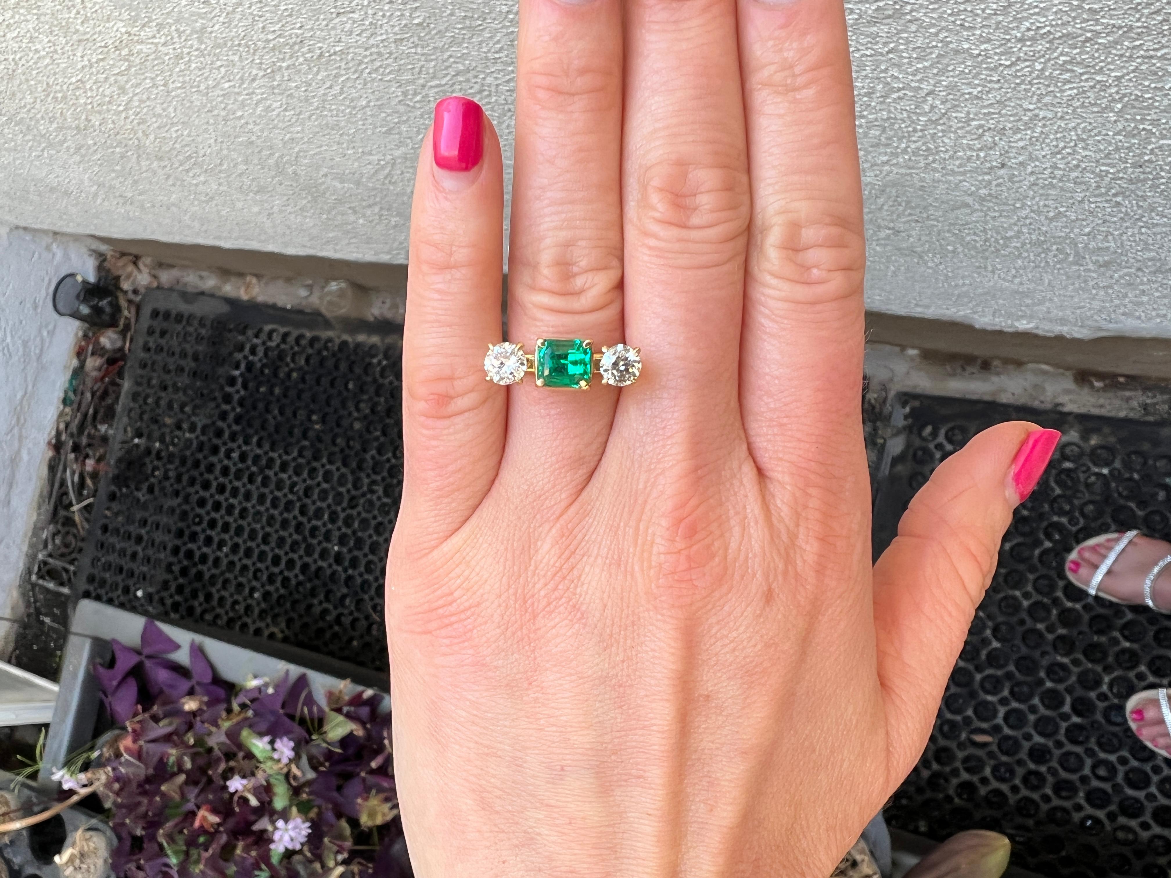 Women's or Men's 1.51 Carat Emerald and Diamond Three-Stone Ring  For Sale