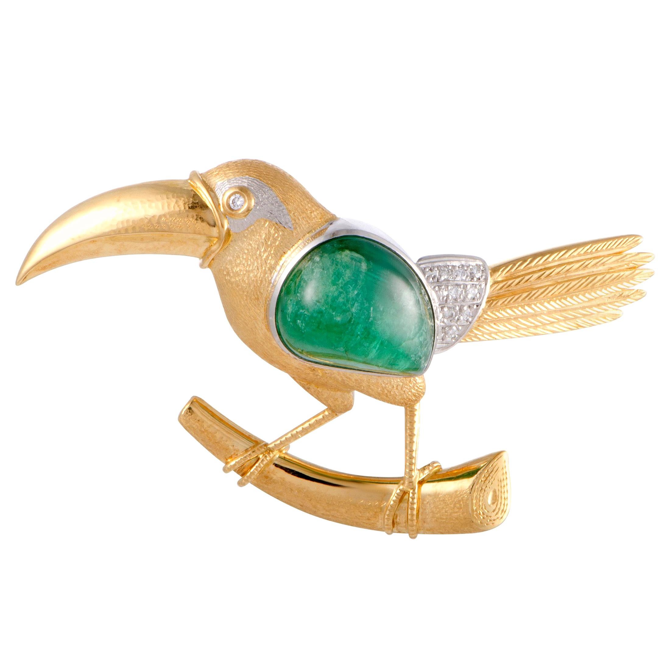 Diamond and Emerald Toucan Yellow Gold and Platinum Pendant or Brooch