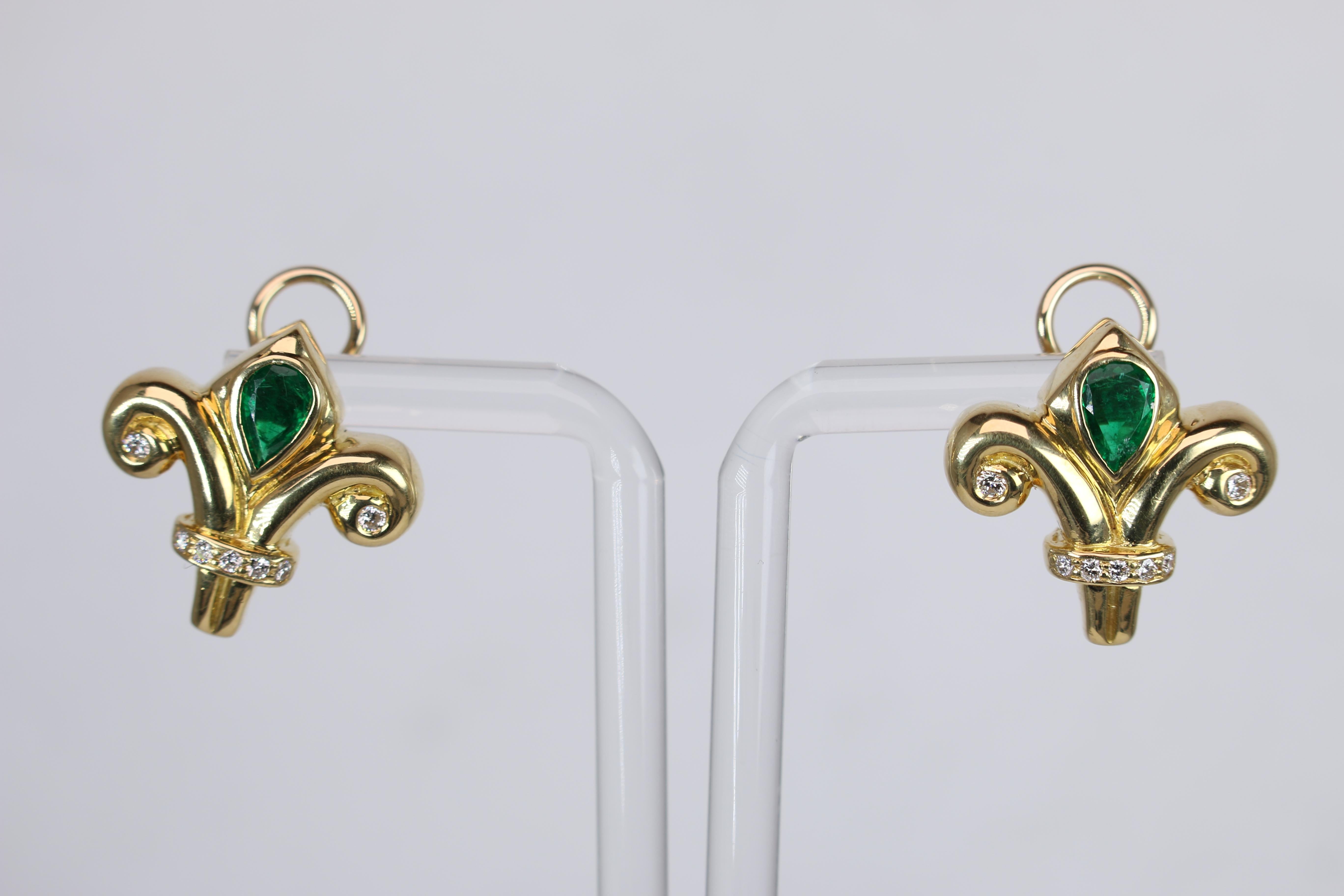 Pear Cut Diamond and Emerald Tulip Earrings For Sale