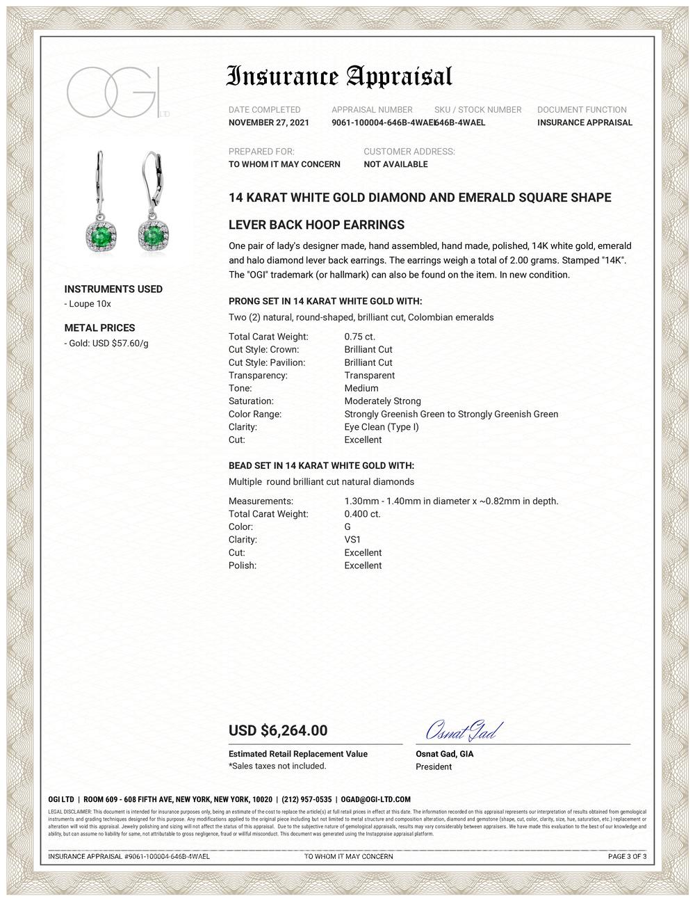 Fourteen karat white gold emerald and diamond lever back hoop earrings 
Two round emerald weighing 0.75
Diamond weighing 0.40 carat
Earrings measuring 1