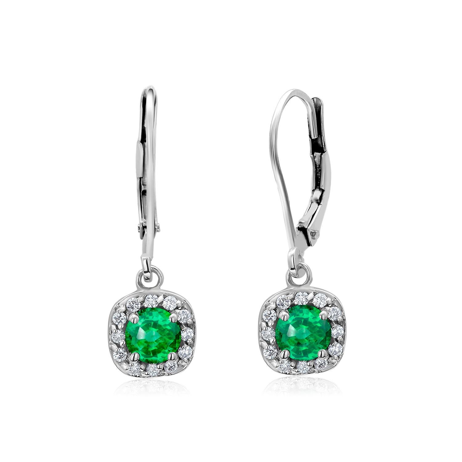 Diamond and Emerald White Gold Square Shape Lever Back Hoop Earrings 1