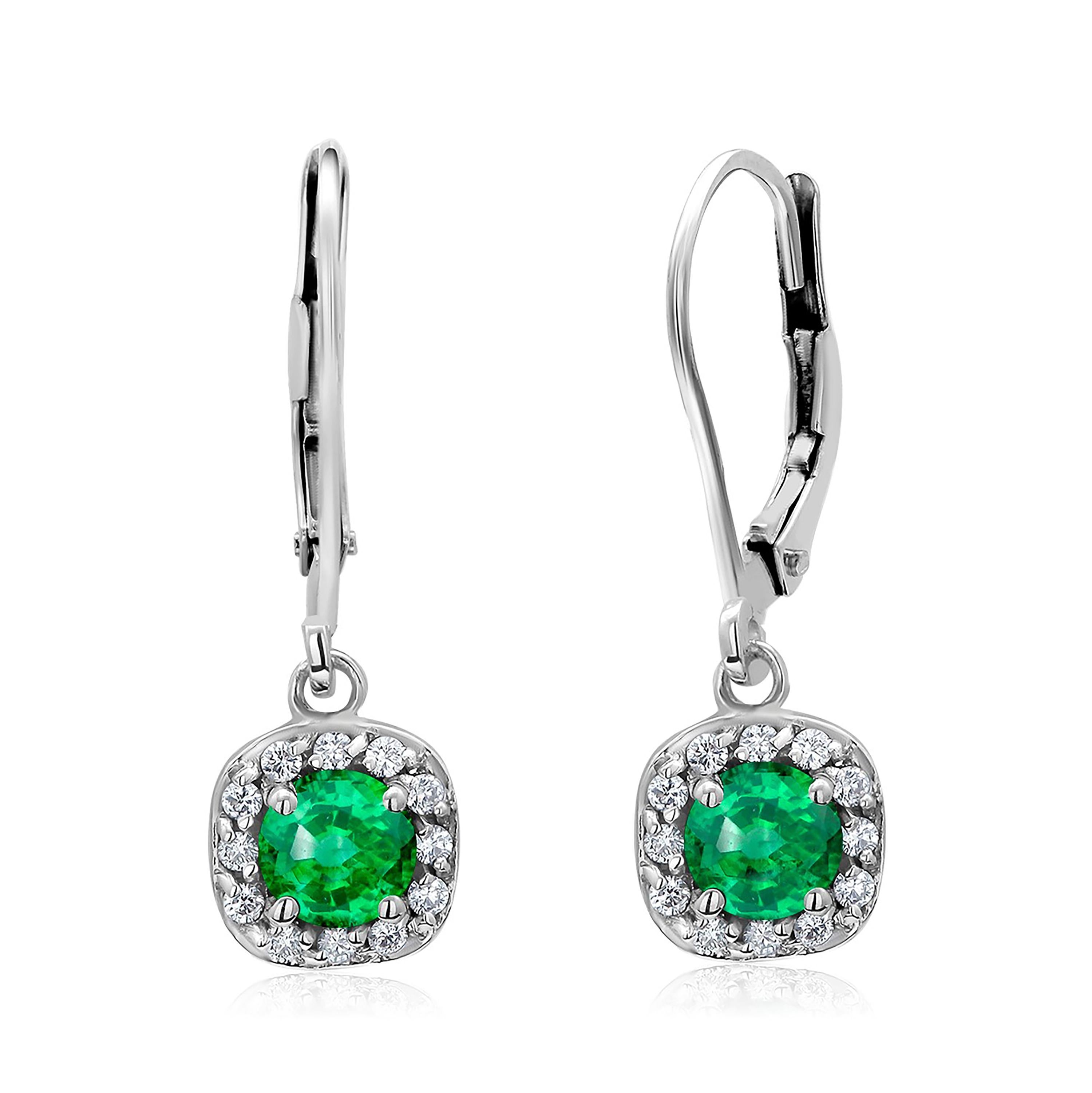 Diamond and Emerald White Gold Square Shape Lever Back Hoop Earrings In New Condition In New York, NY