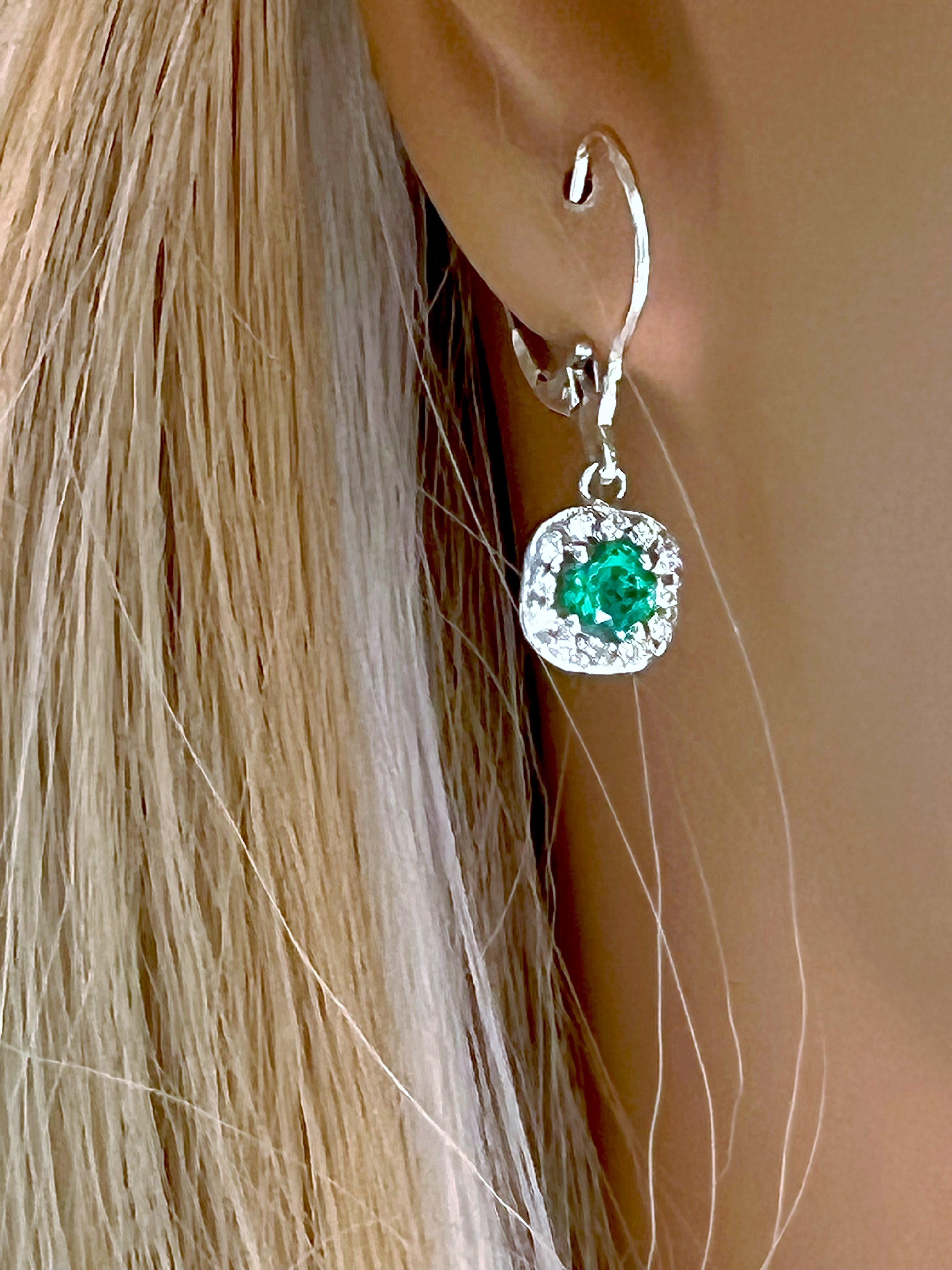 Round Cut Diamond and Emerald White Gold Square Shape Lever Back Hoop Earrings