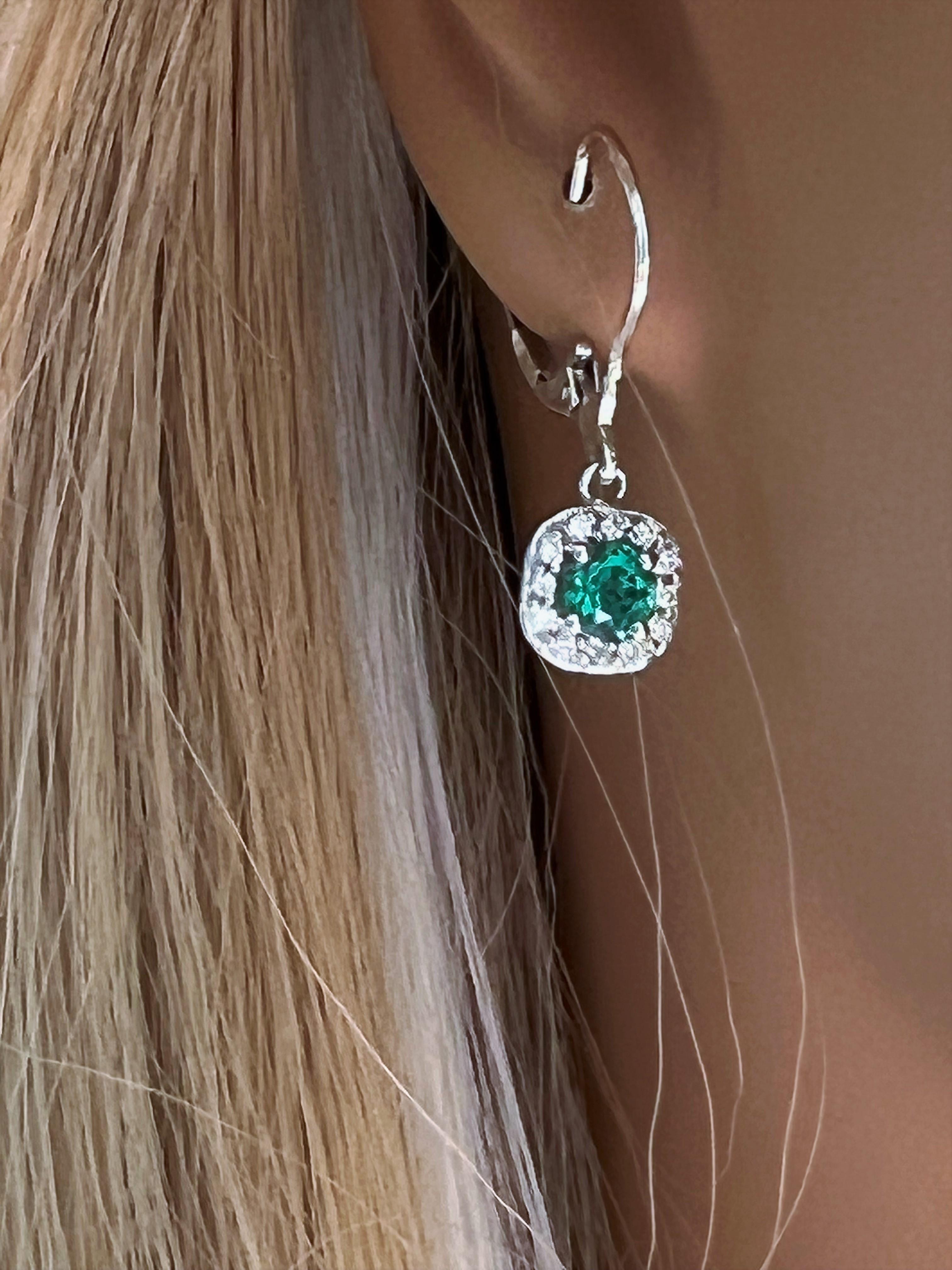 Women's or Men's Diamond and Emerald White Gold Square Shape Lever Back Hoop Earrings