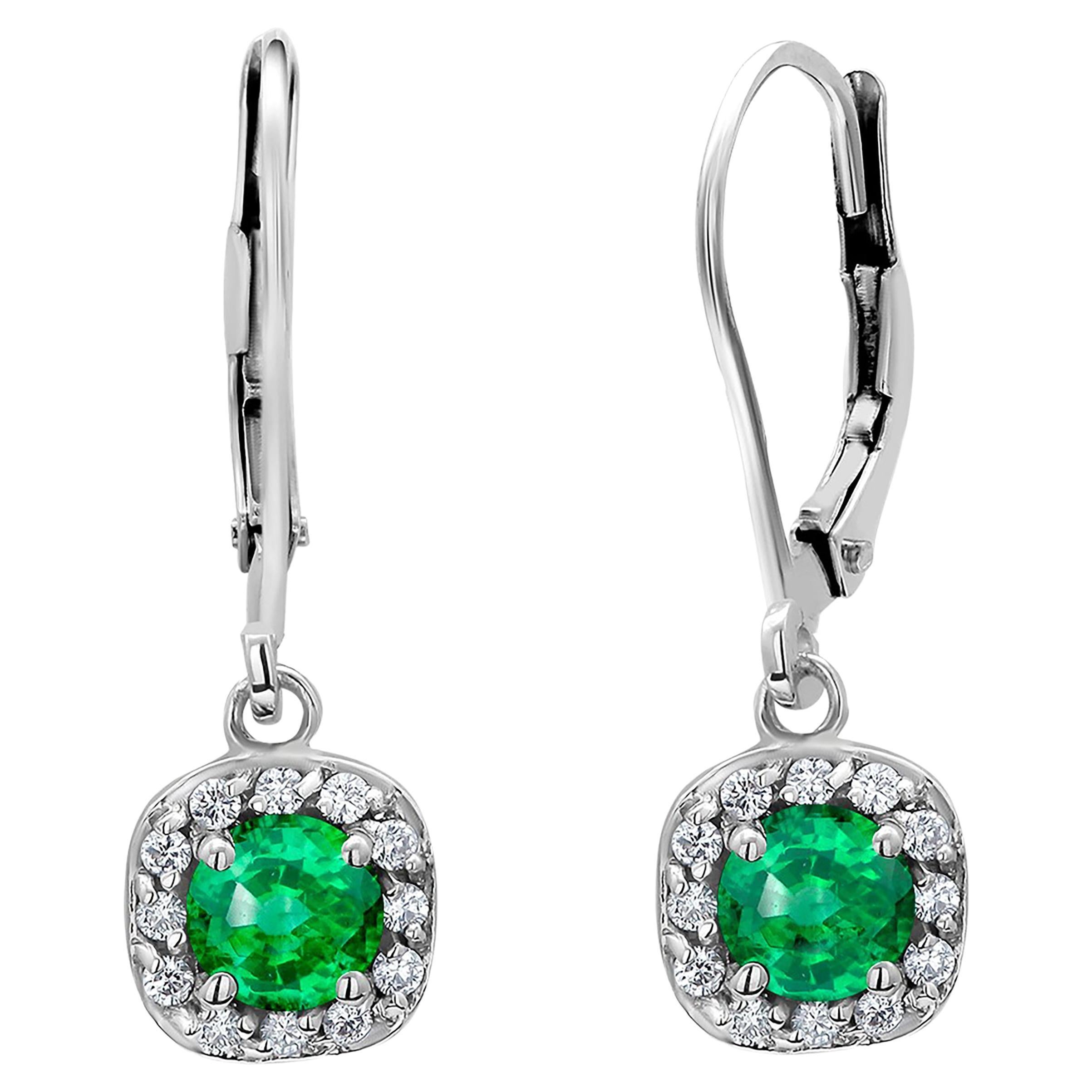 Diamond and Emerald White Gold Square Shape Lever Back Hoop Earrings