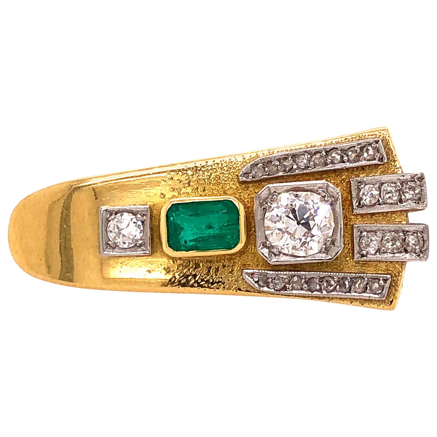 Diamond and Emerald Yellow Gold Brooch, 1920s