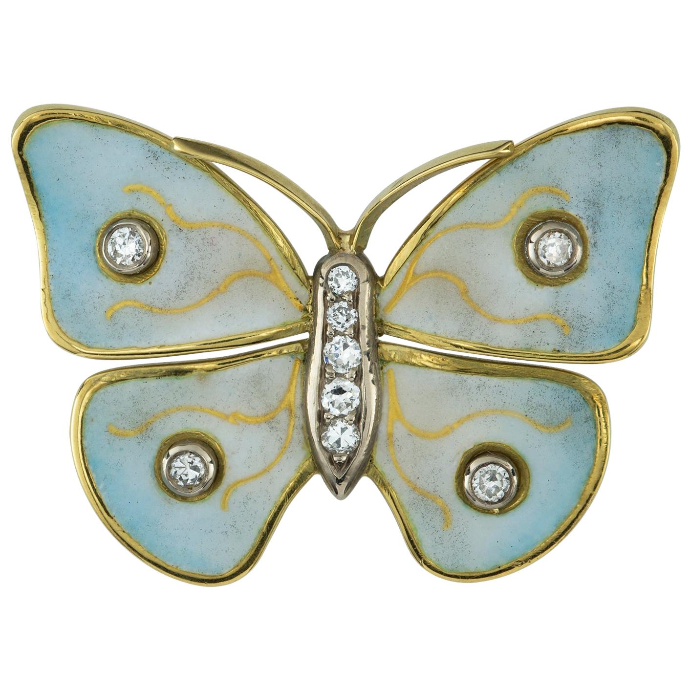 Diamond and Enamel Butterfly Brooch For Sale