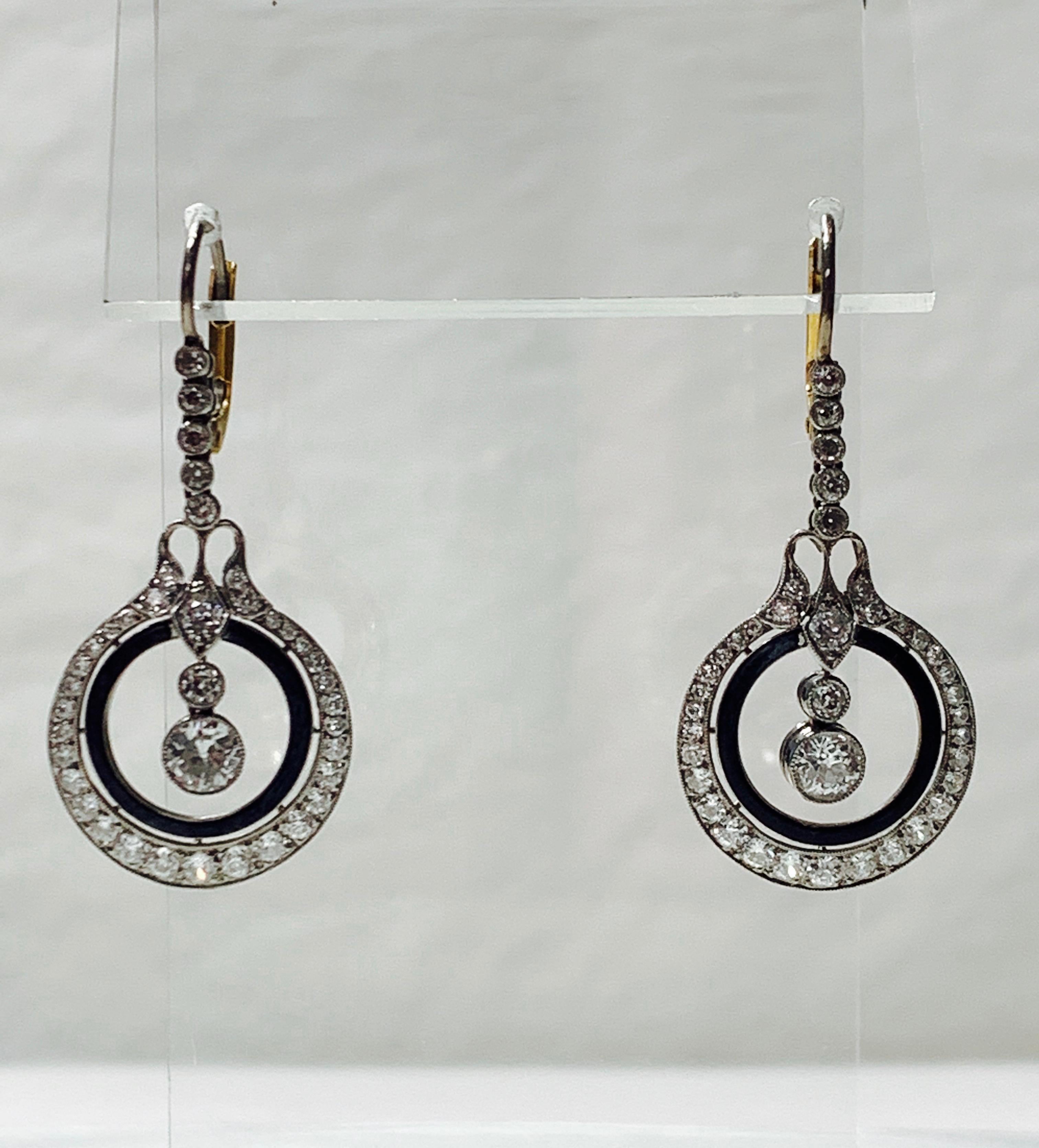 Women's Diamond and Enamel Dangle Earrings in Platinum For Sale