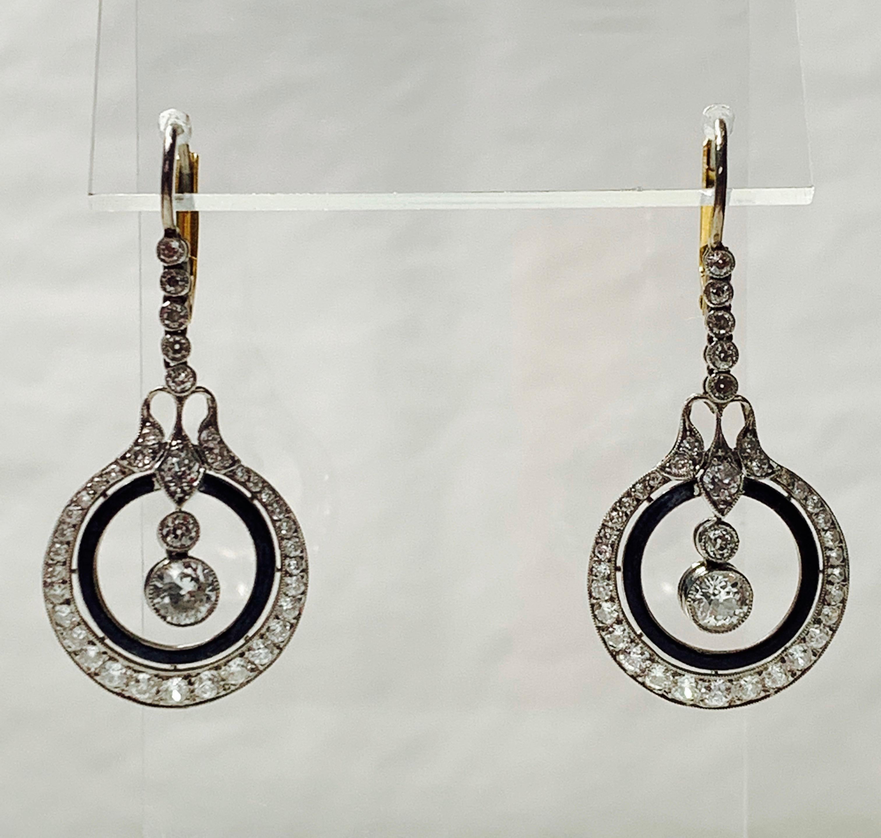 Diamond and Enamel Dangle Earrings in Platinum For Sale 2