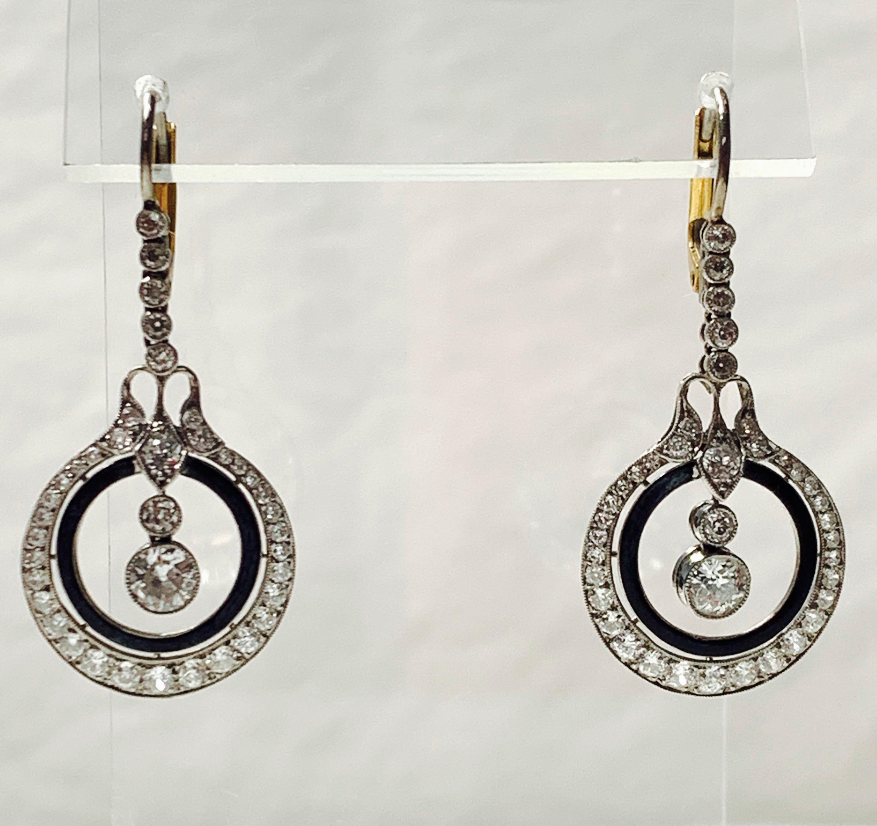 Diamond and Enamel Dangle Earrings in Platinum For Sale 3