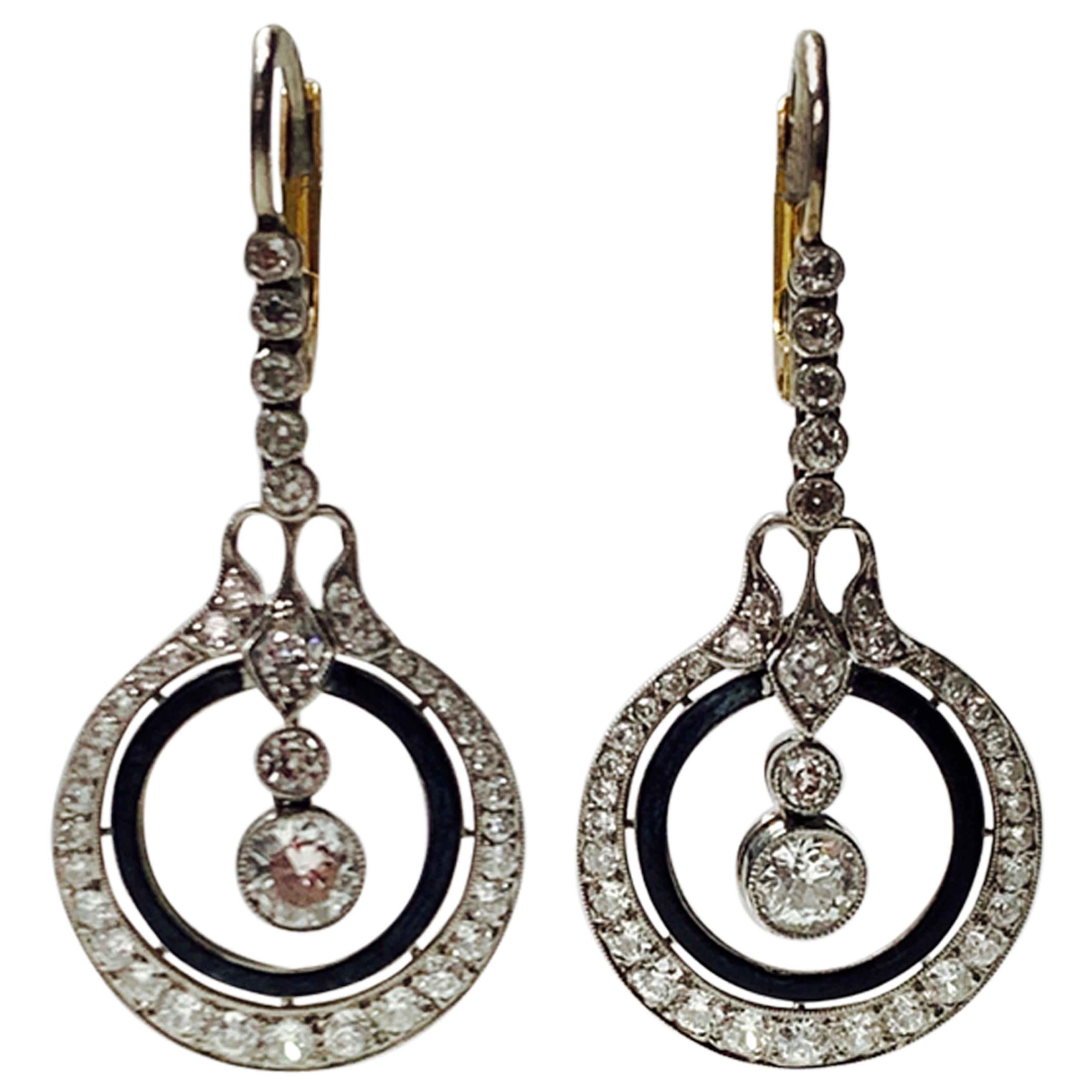 Diamond and Enamel Dangle Earrings in Platinum For Sale