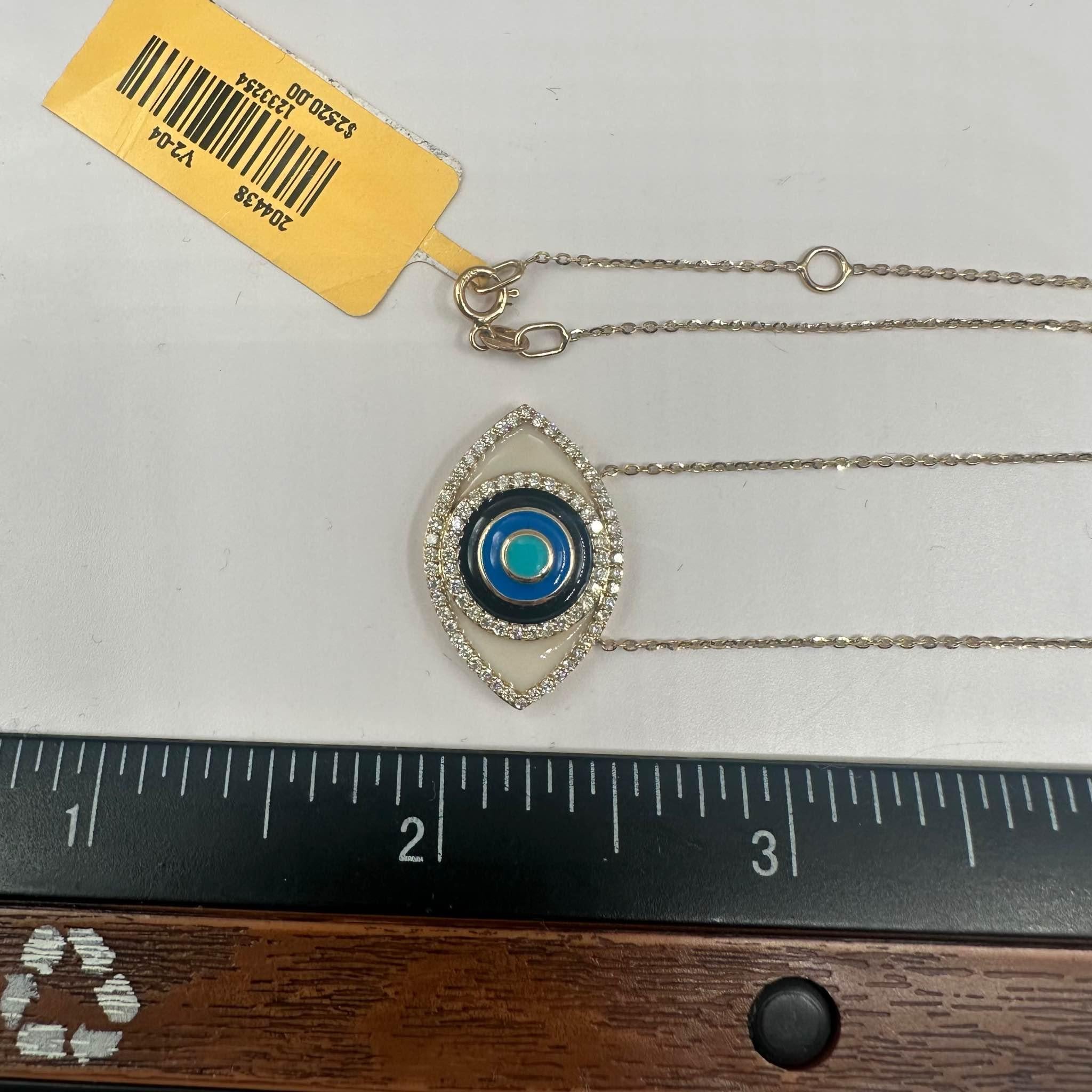 Taille ronde Collier œil du mal en or jaune 14kt avec diamants et émail - 0.40ctw Diamants, New en vente
