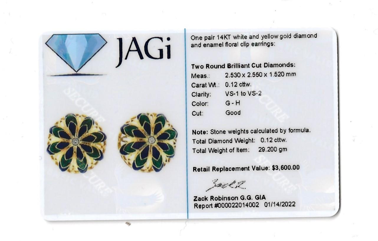  Boucles d'oreilles à clip en or 14 carats, non percées, en forme de dôme, avec diamants et émail. en vente 4