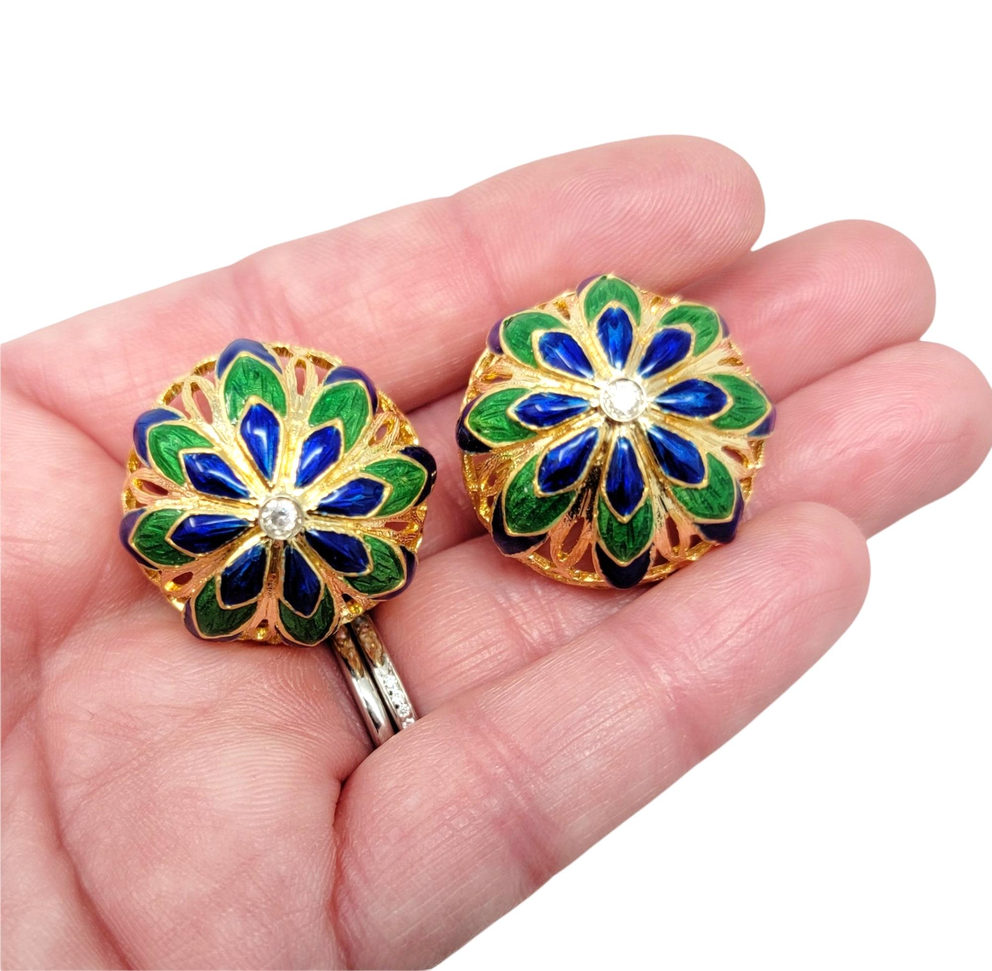 Women's Diamond and Enamel Floral Dome Shaped 14 Karat Gold Non-Pierced Clip Earrings For Sale