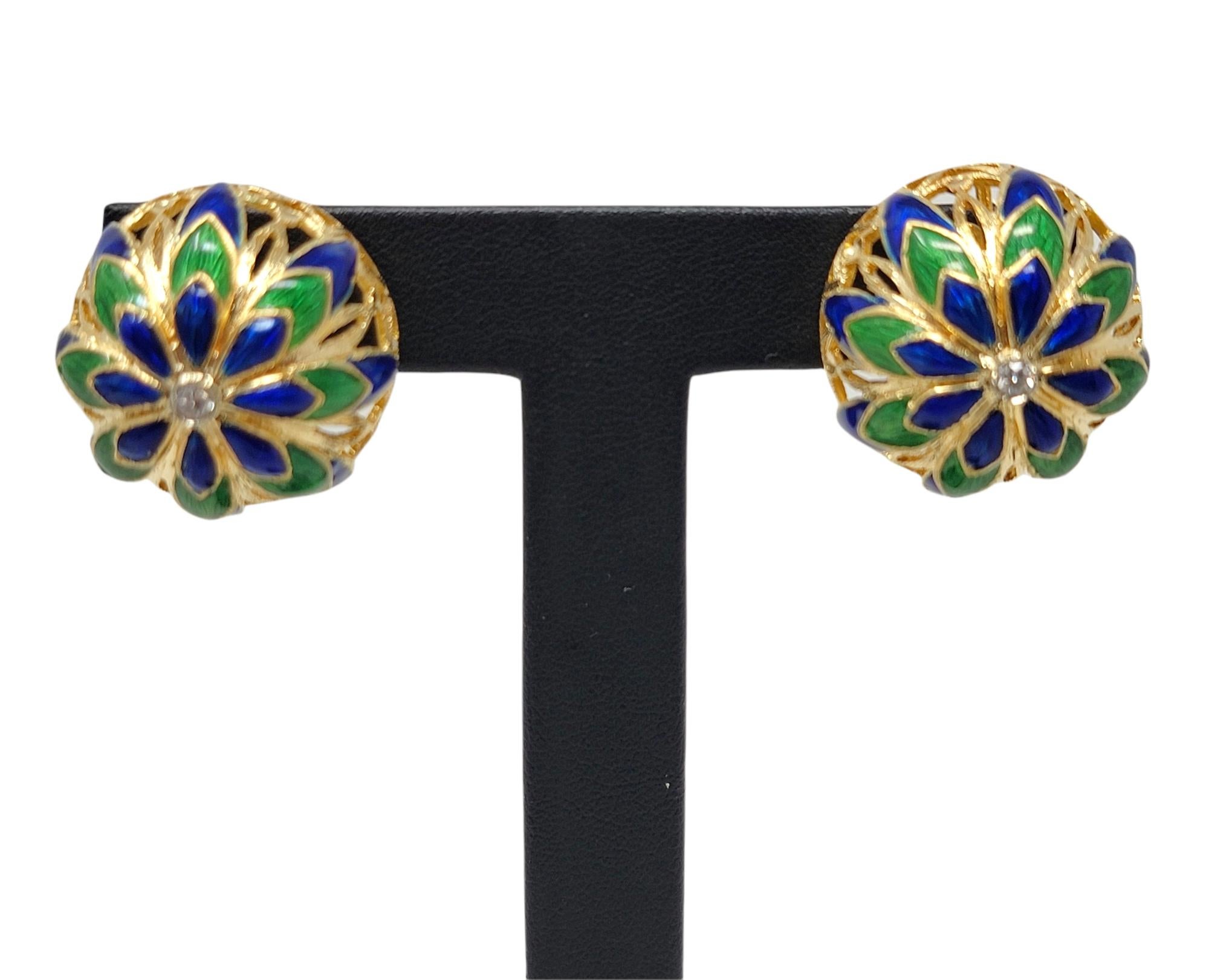 Diamond and Enamel Floral Dome Shaped 14 Karat Gold Non-Pierced Clip Earrings For Sale 1