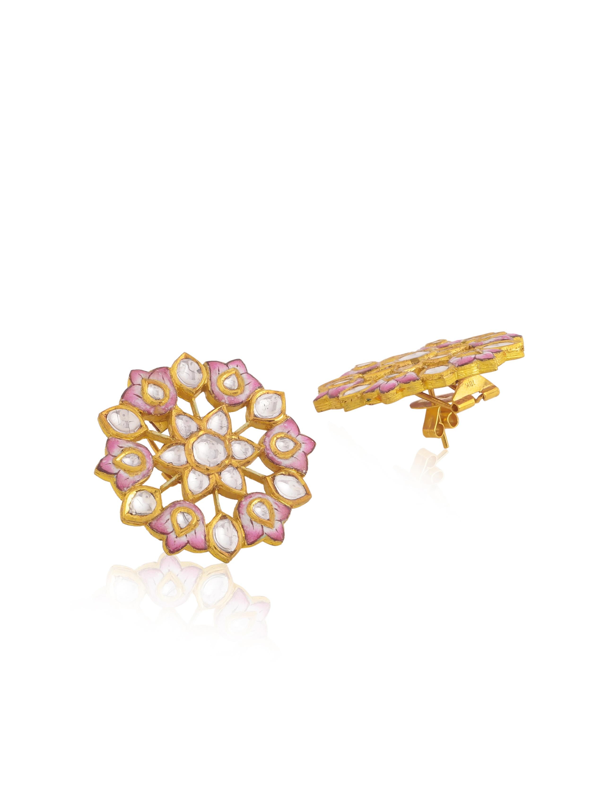 A pair of Diamond and pink enamel earrings studs pair. The earring has Enamel in a lotus flower motif. You will see flat diamonds in the earring, which are called 