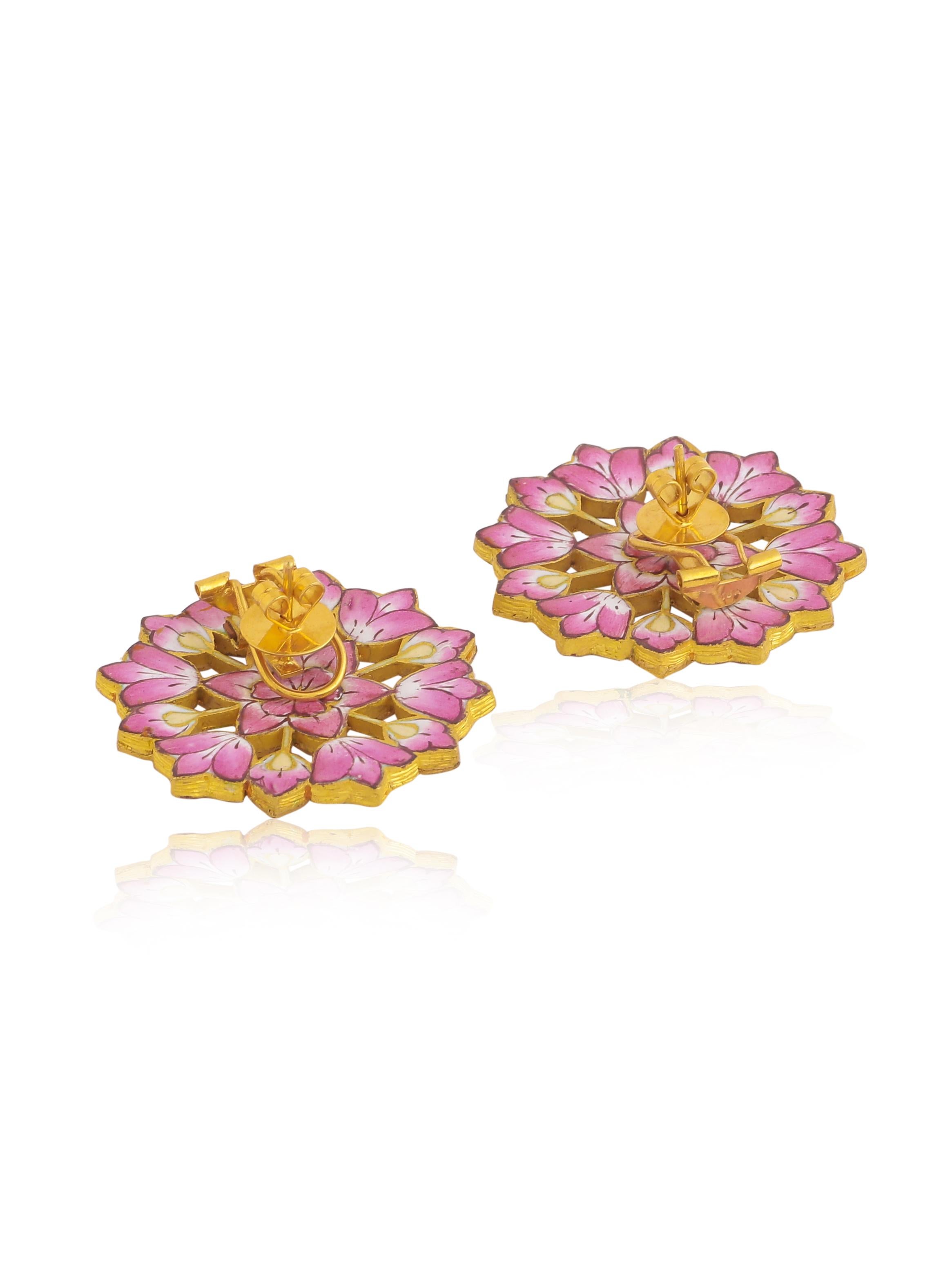 Art Deco Diamond and Enamel Floral Stud Earring Pair Handcrafted in 18 Karat Gold For Sale