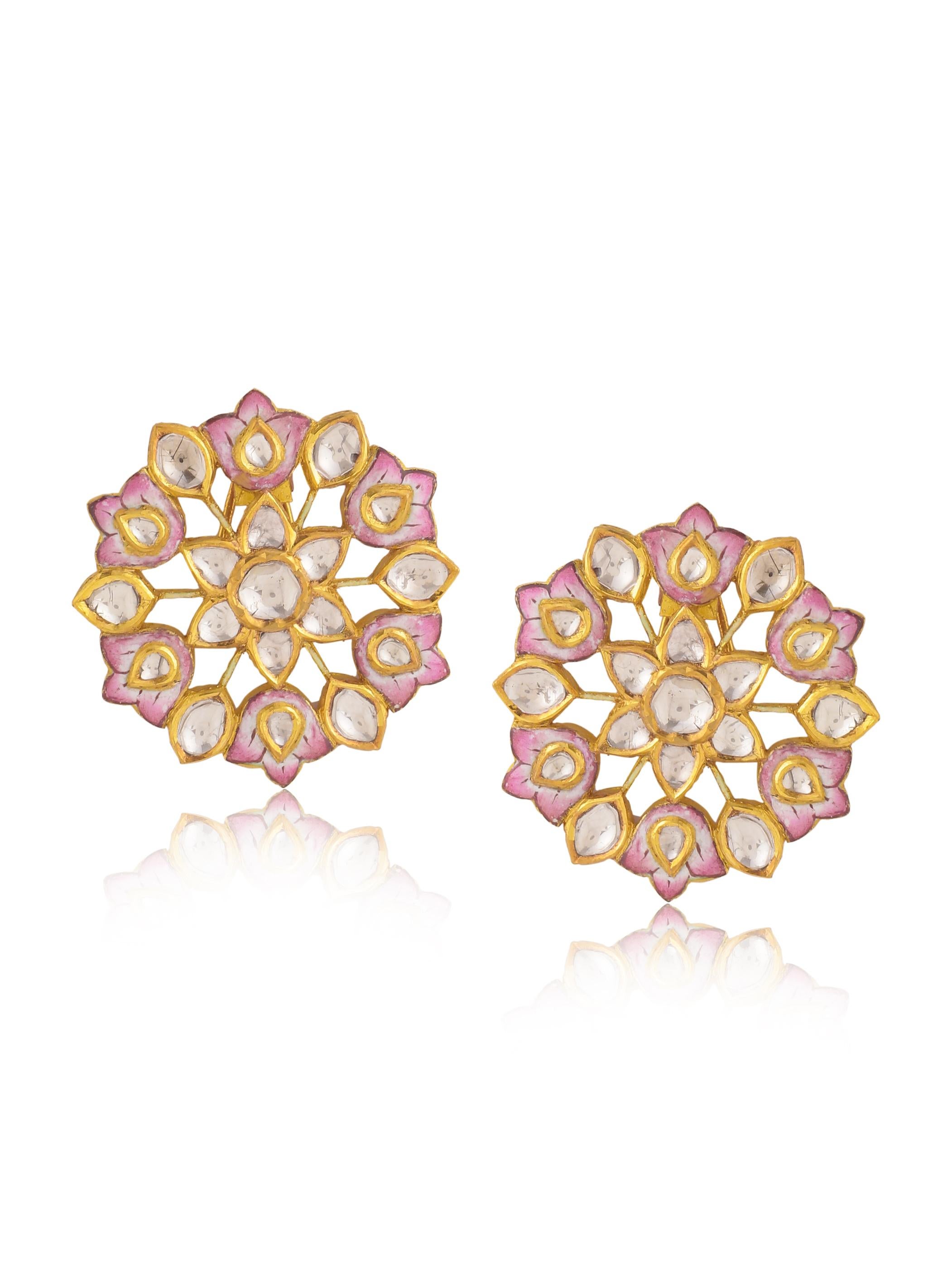 Rose Cut Diamond and Enamel Floral Stud Earring Pair Handcrafted in 18 Karat Gold For Sale