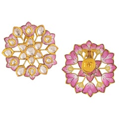 Diamond and Enamel Floral Stud Earring Pair Handcrafted in 18 Karat Gold