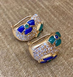 Diamond and Enamel Hoop Earrings in 18k Yellow Gold