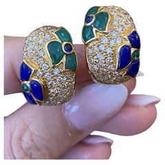 Diamond and Enamel Hoop Earrings in 18k Yellow Gold