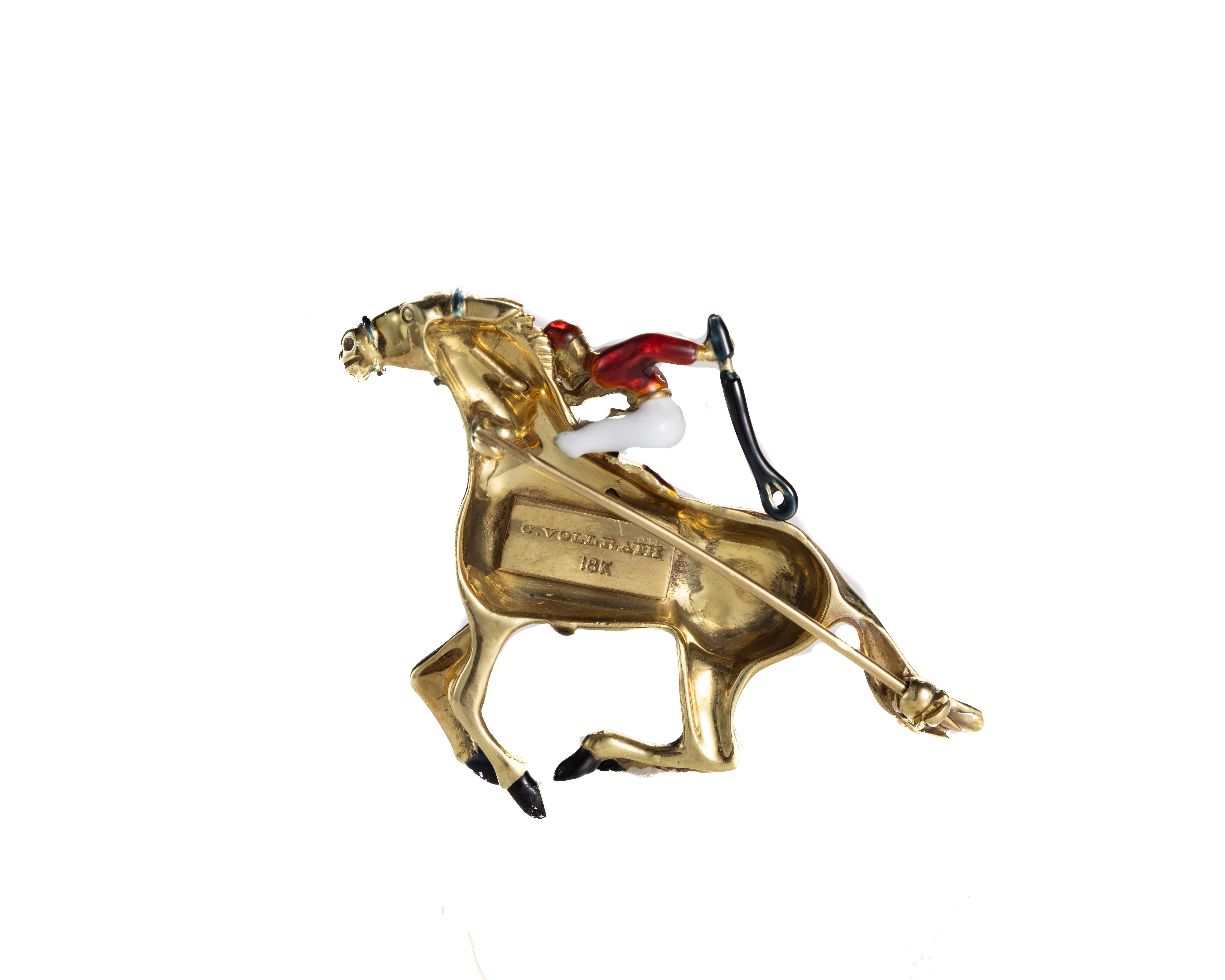 Moderne Broche épingle équestre cheval et jockey en or 18 carats, diamants et émail en vente