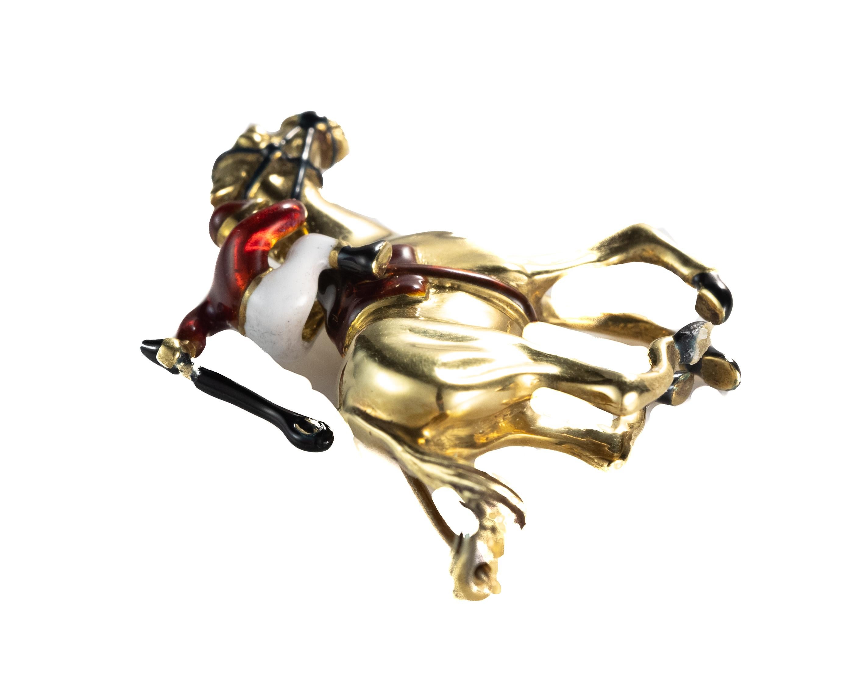 Diamant- und Emaille-Anstecknadel, Pferde- und Jockey-Reiter, 18 Karat Gold (Rundschliff) im Angebot