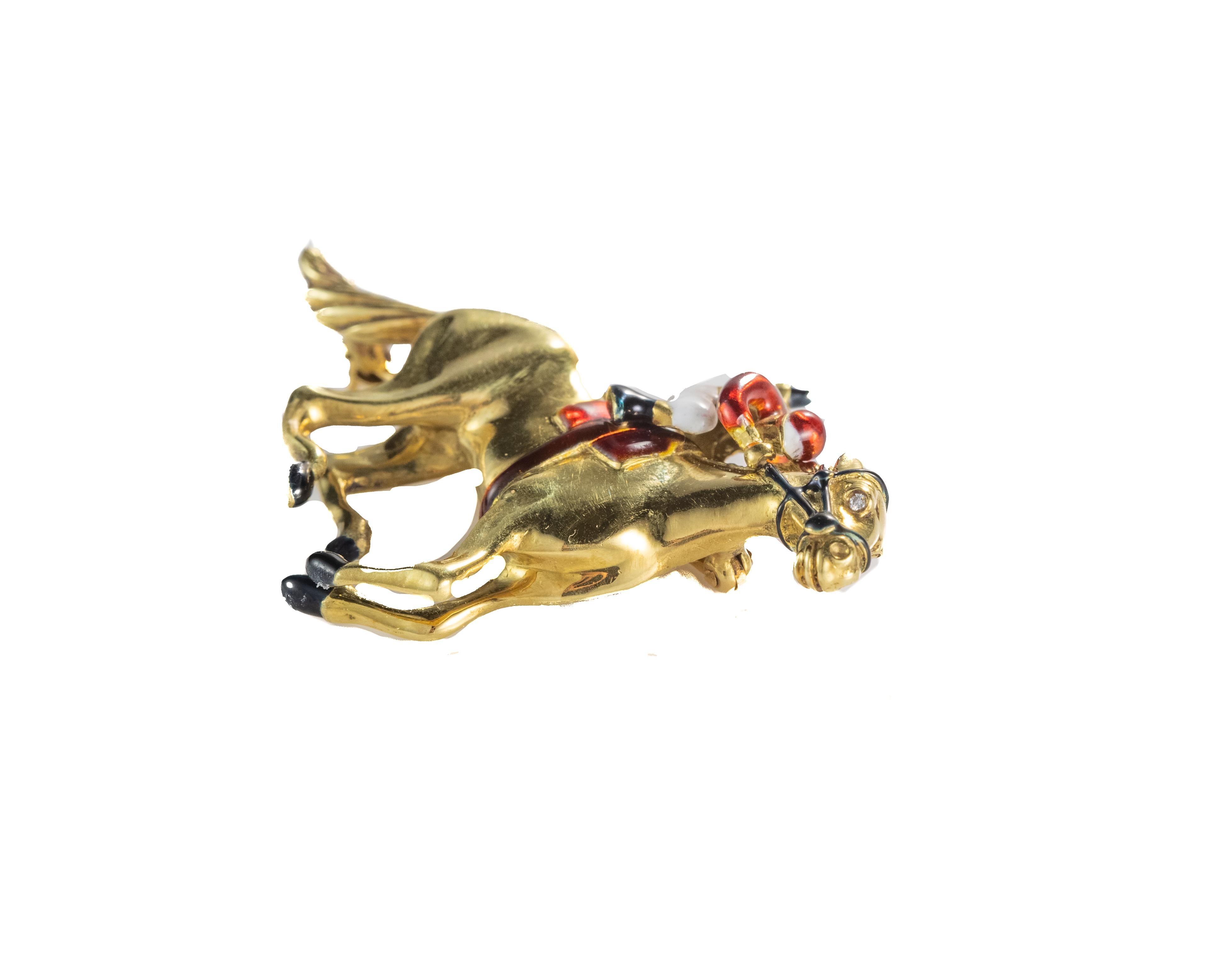 Modern Diamond and Enamel Horse and Jockey Equestrian Pin Brooch, 18 Karat Gold