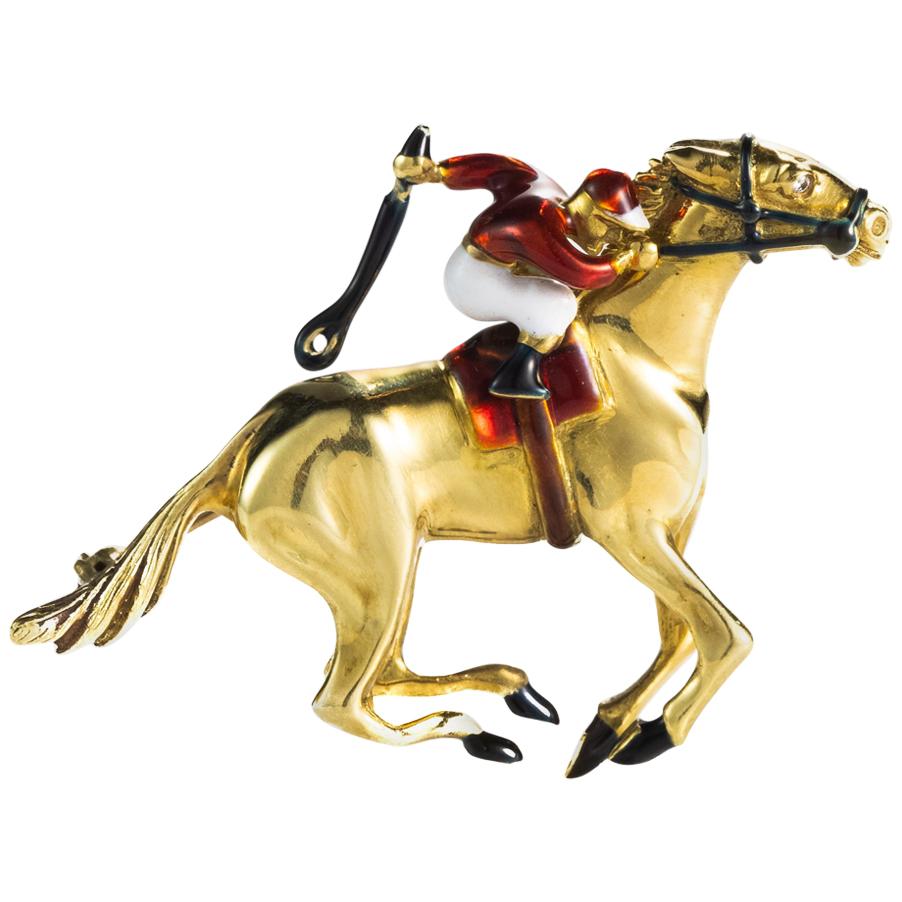 Diamond and Enamel Horse and Jockey Equestrian Pin Brooch, 18 Karat Gold