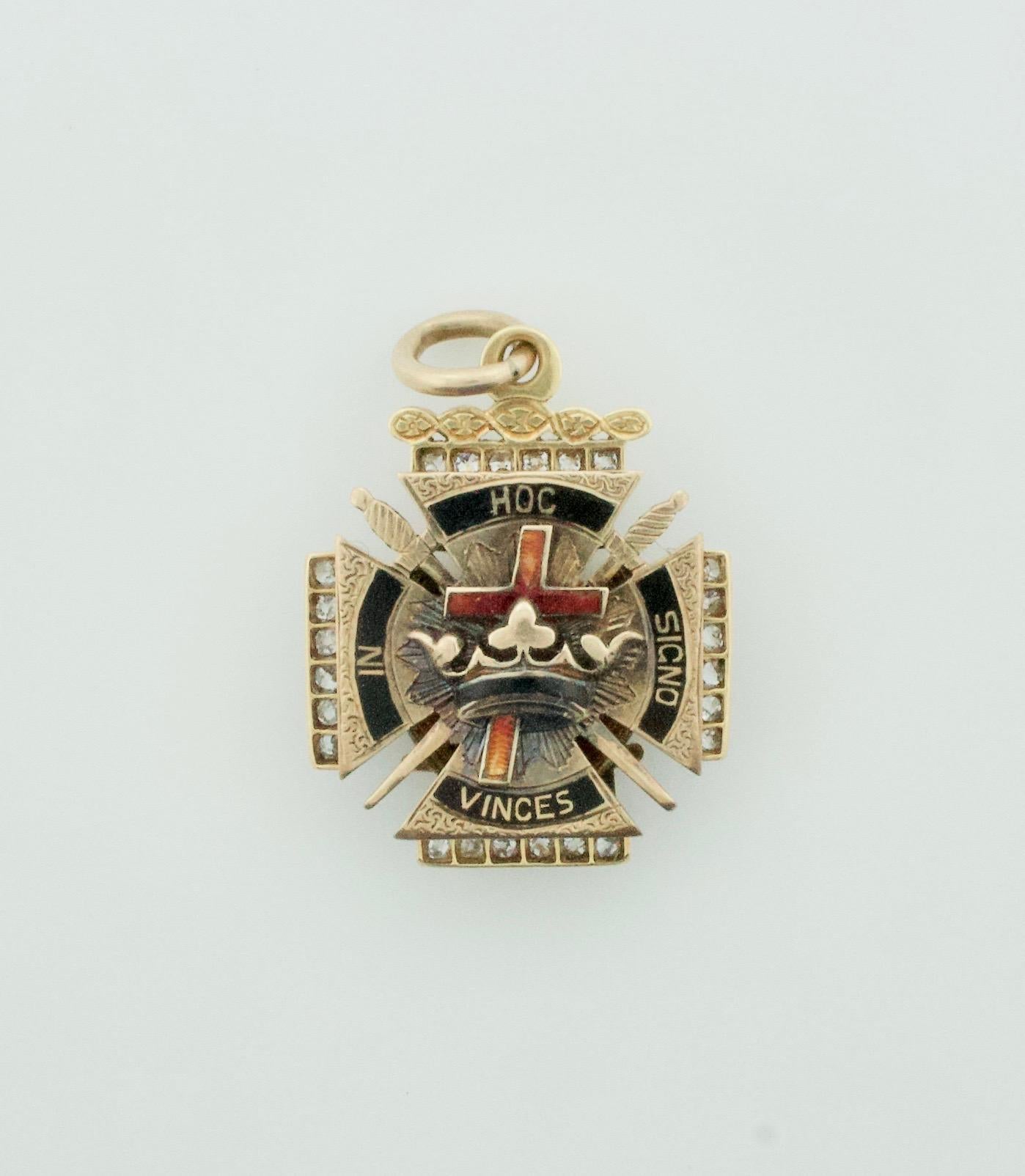 Diamond and Enamel Masonic Pendant circa 1920's in 18k
One Old Mine Cut Diamond weighing .90 carats approximately
Twenty Four Old Mine Cut Diamonds weighing .55 carats approximately [all stones [GHI VVS-SI1]
Enamel slightly distressed
Very Fine