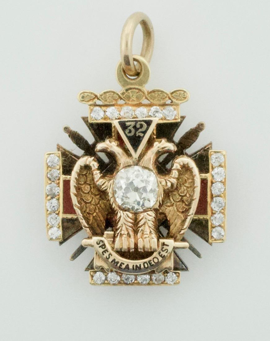 Old Mine Cut Diamond and Enamel Masonic Pendant circa 1920s in 18 Karat