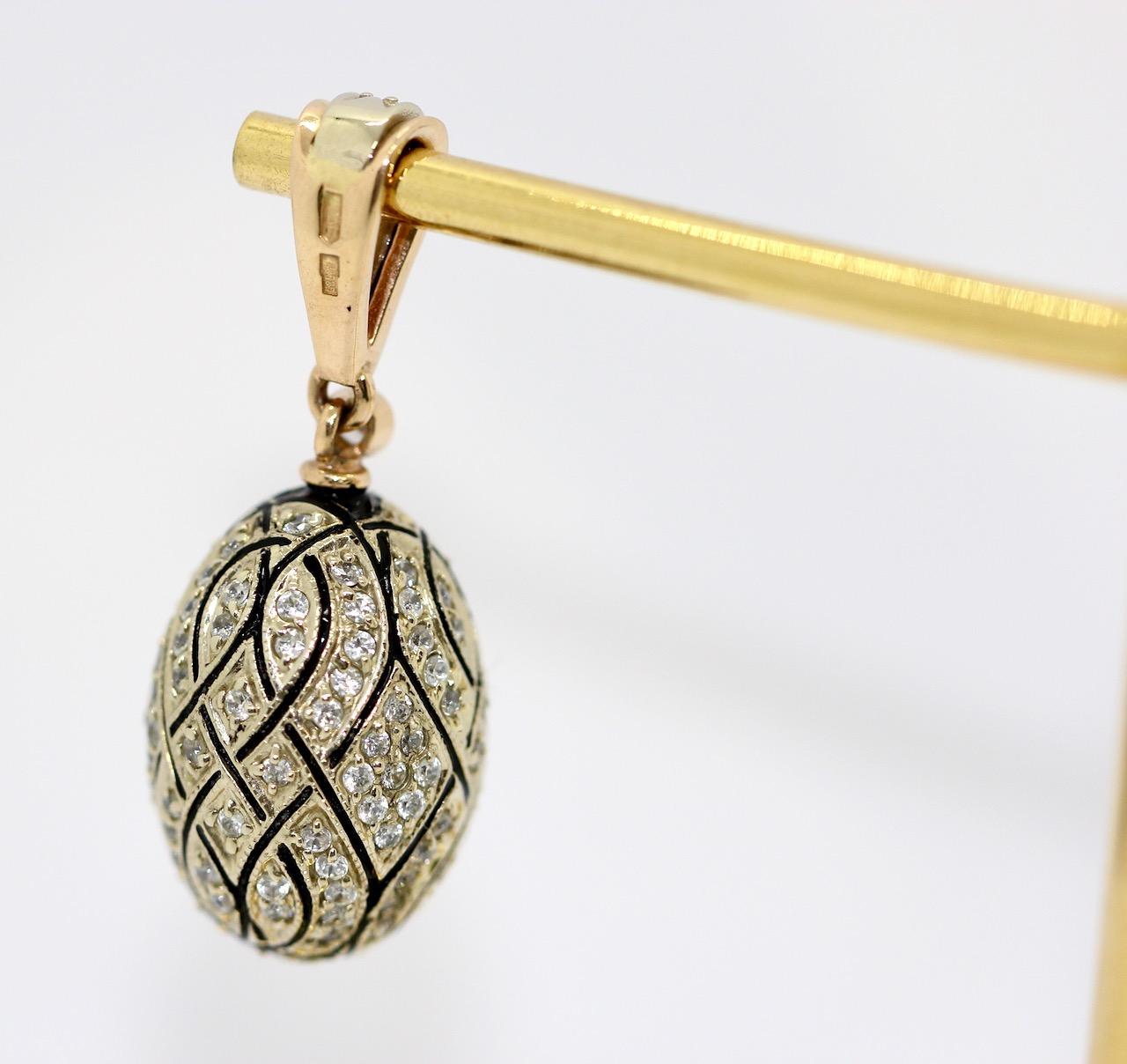 Art Deco Diamond and Enamel Pendant, Enhancer, 14k Rose Gold, Design of Faberge Eggs
