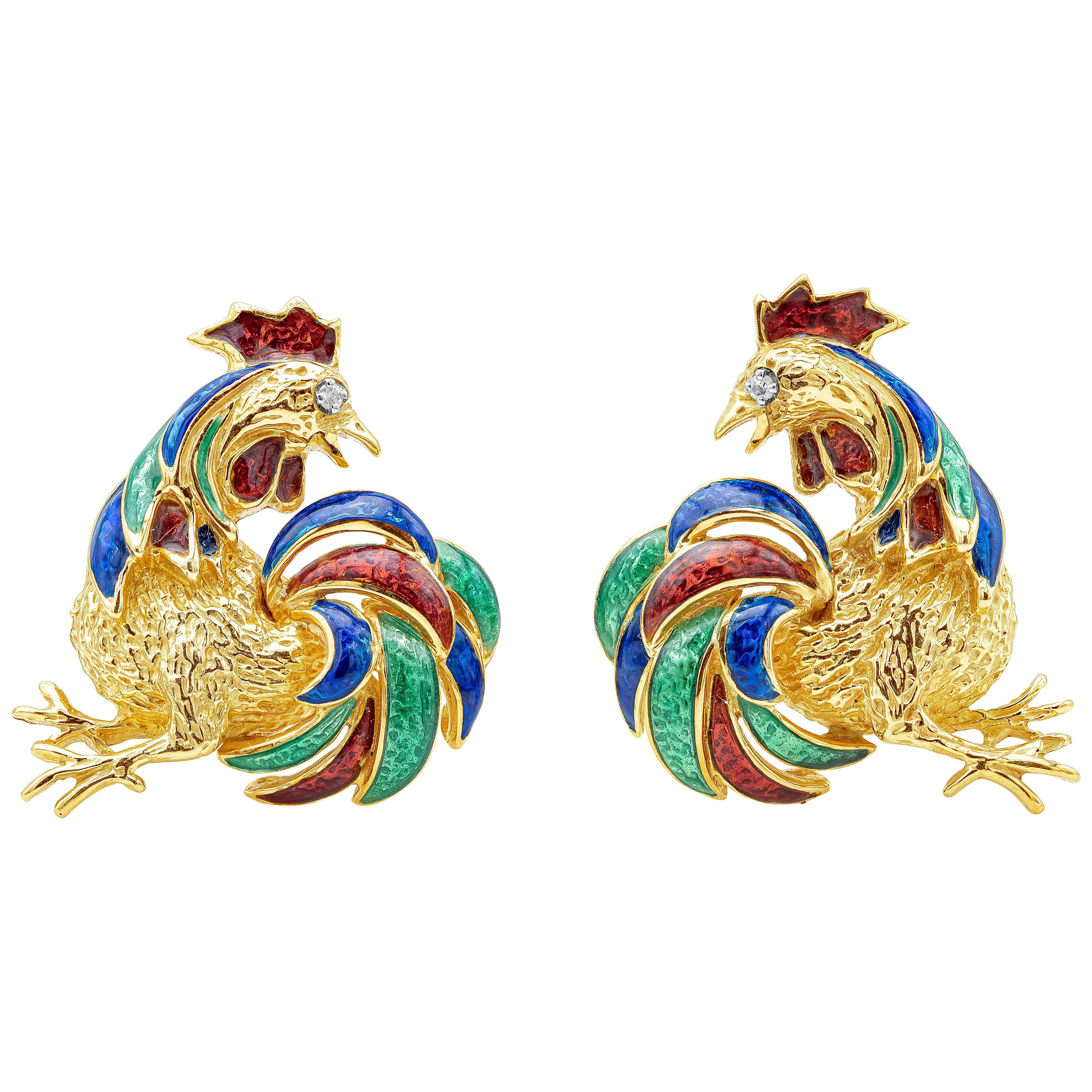 Diamond and  Rooster Enamel Yellow Gold Earrings For Sale