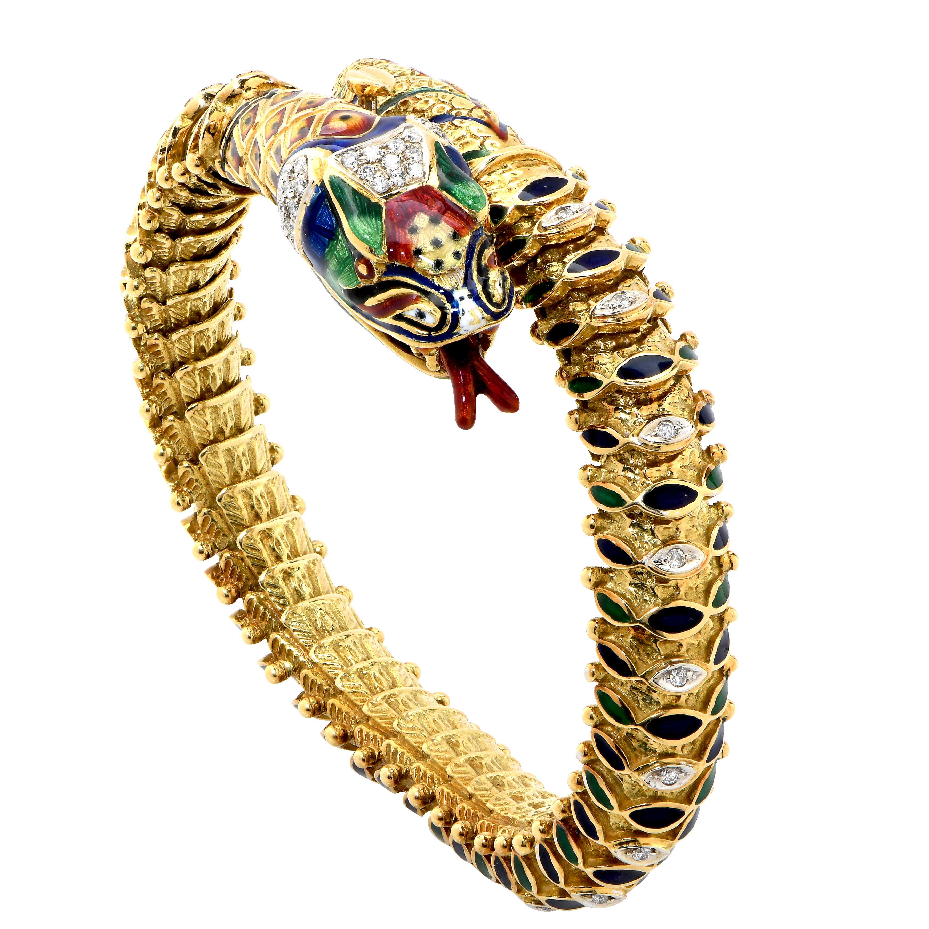 Round Cut Diamond and Enamel Snake Bracelet in 18 Karat Yellow Gold For Sale