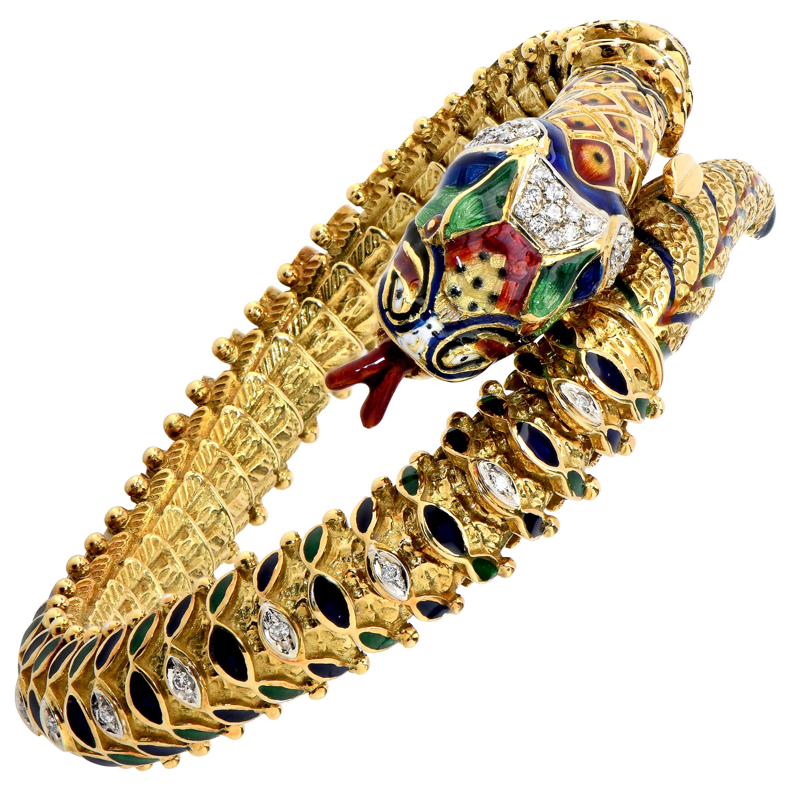 Diamond and Enamel Snake Bracelet in 18 Karat Yellow Gold