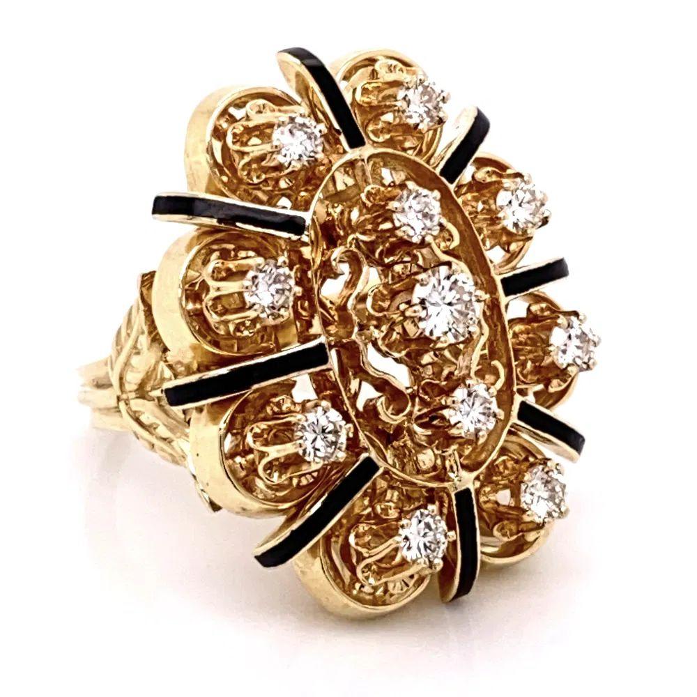 Simply Beautiful! Antique Victorian Diamond Enamel Gold Cocktail Ring. Securely Hand set with Diamonds, weighing approx. 1.20tcw Accented by Black Enamel. Beautifully Hand crafted in 14K Yellow Gold mounting. Ring size 7.25, we offer ring resizing.