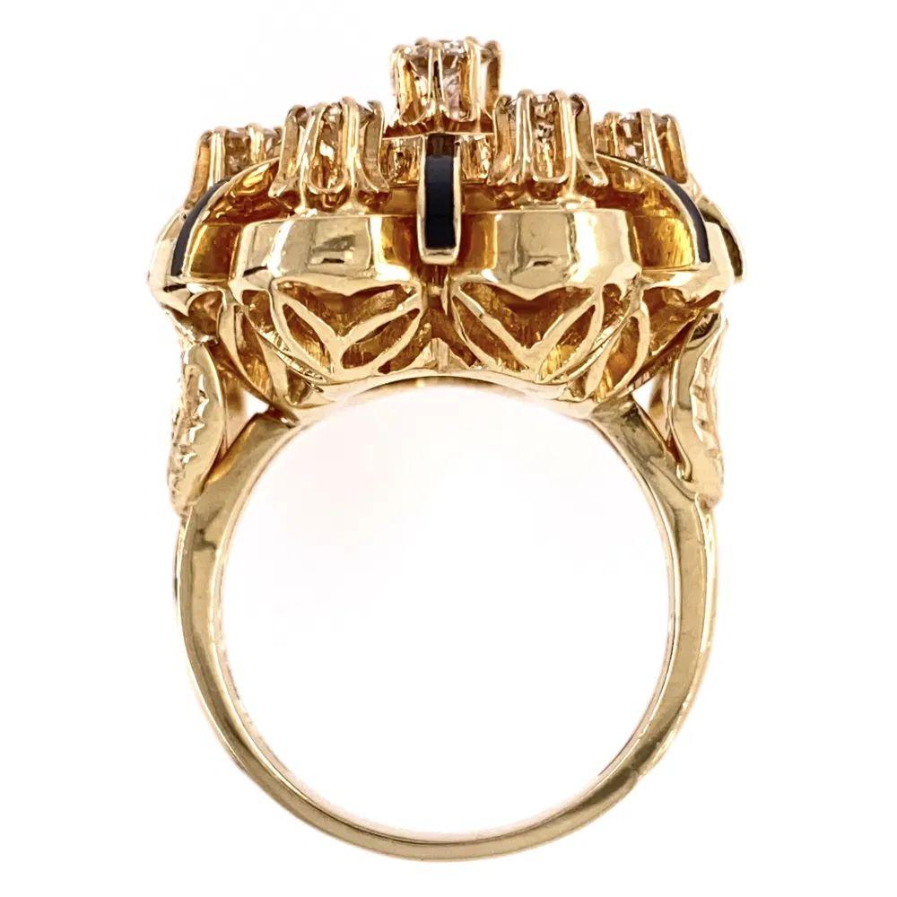Round Cut Diamond and Enamel Victorian Gold Cocktail Ring Estate Fine Jewelry For Sale