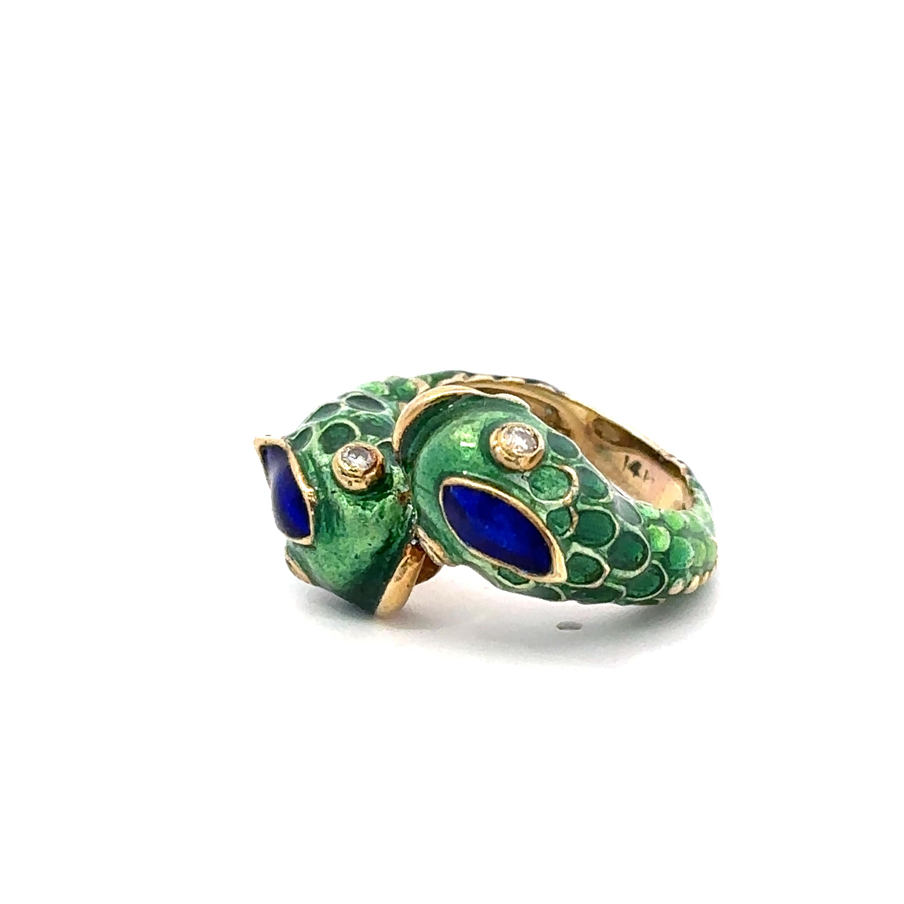 Round Cut Diamond and Enamel Vintage Fish Ring