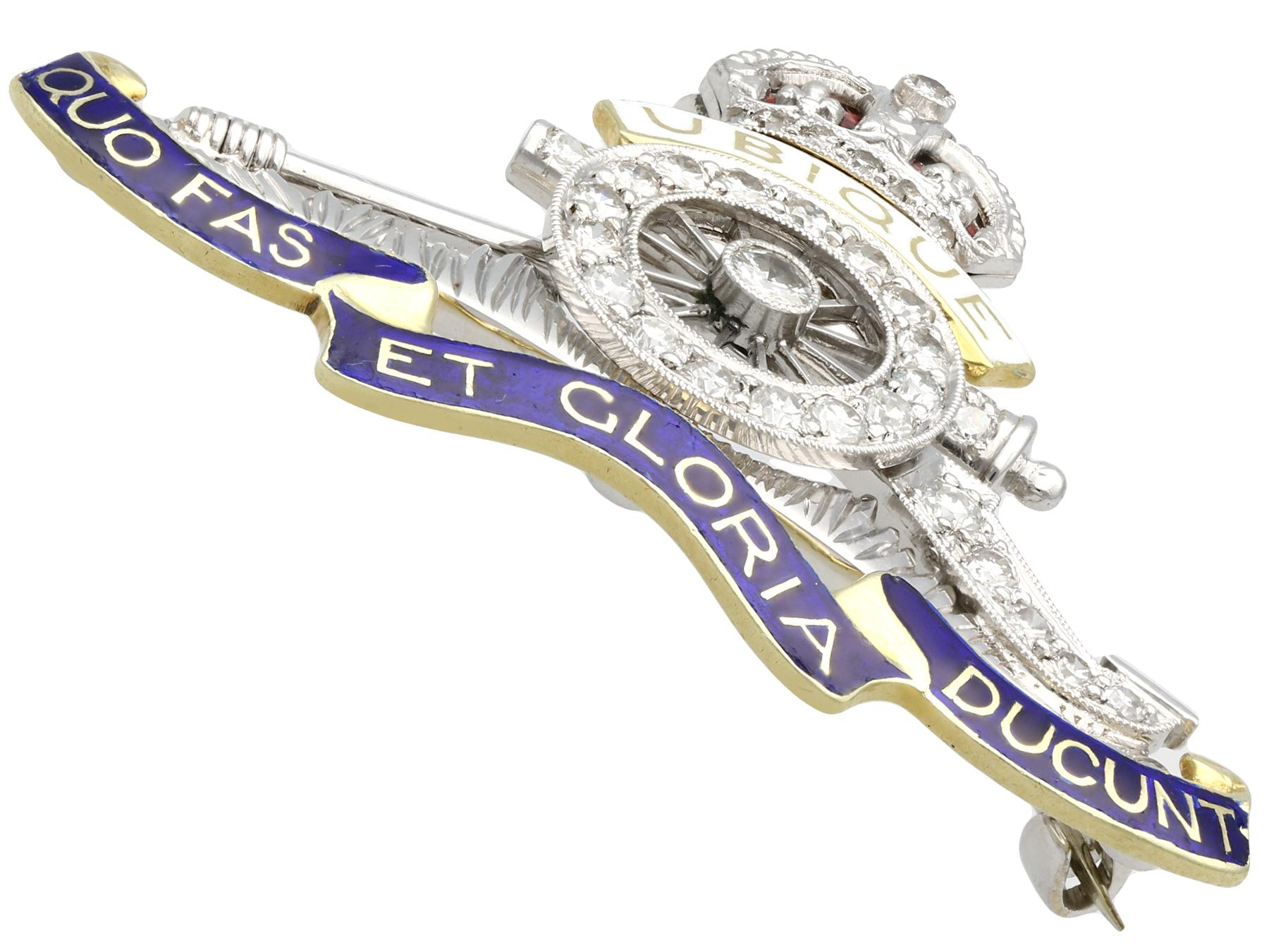 Old European Cut Antique Diamond and Enamel Yellow Gold and Platinum Sweetheart Brooch Circa 1930