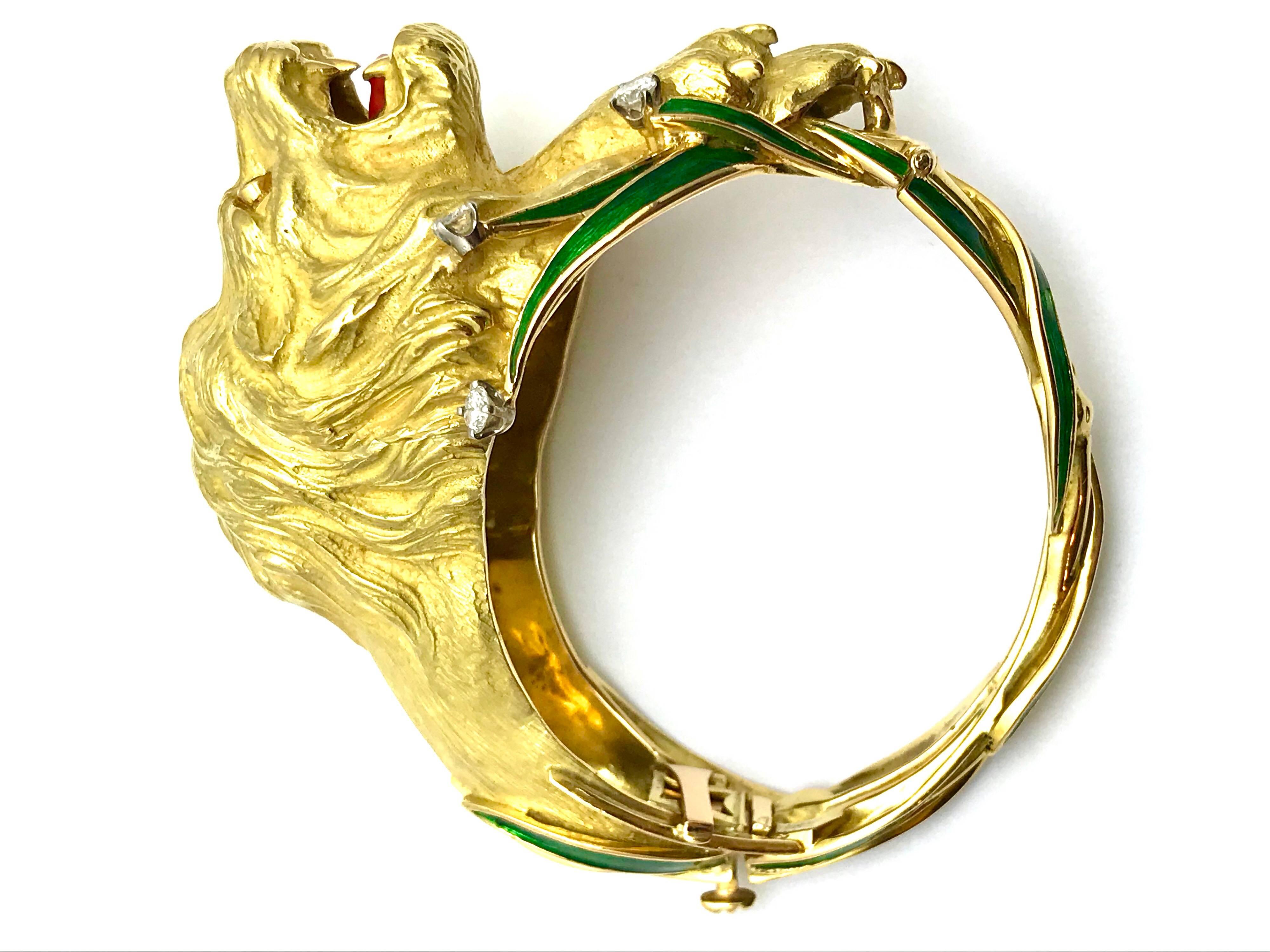 Round Cut Diamond and Enamel Yellow Gold Lion Bangle Bracelet