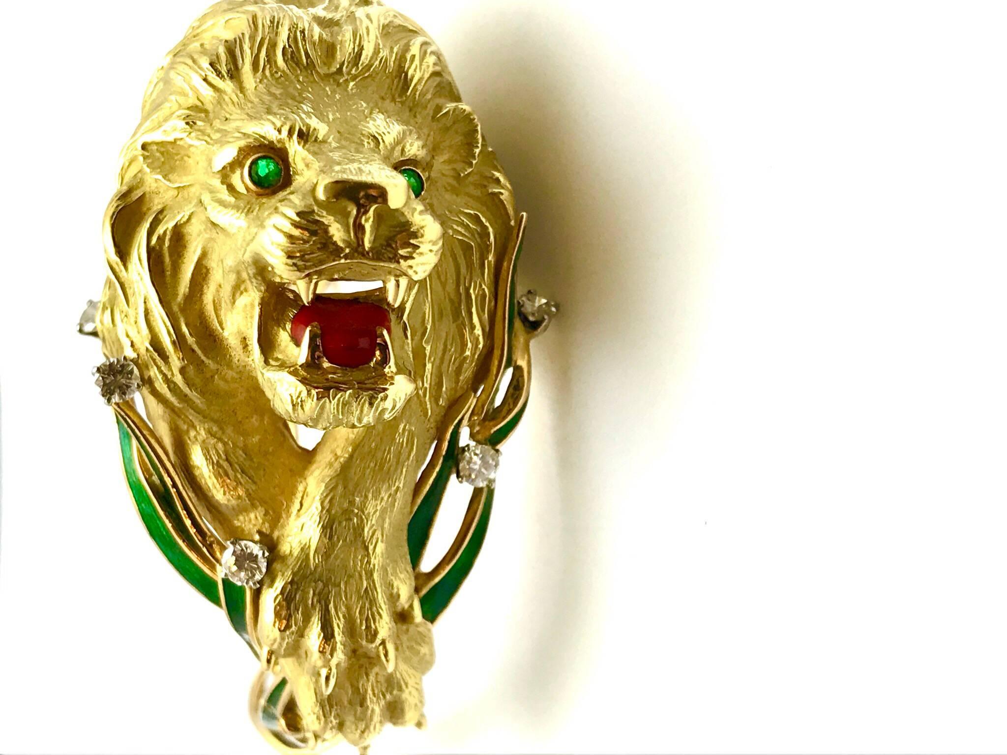 Diamond and Enamel Yellow Gold Lion Bangle Bracelet 1