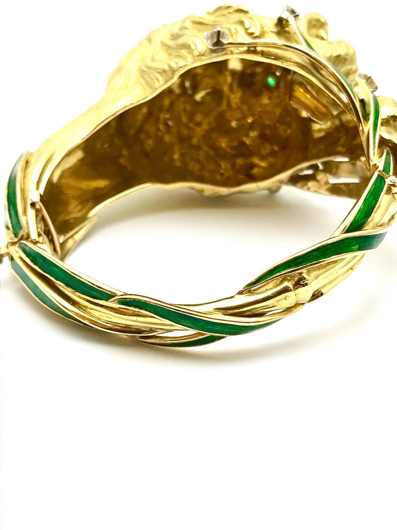 Diamond and Enamel Yellow Gold Lion Bangle Bracelet 2