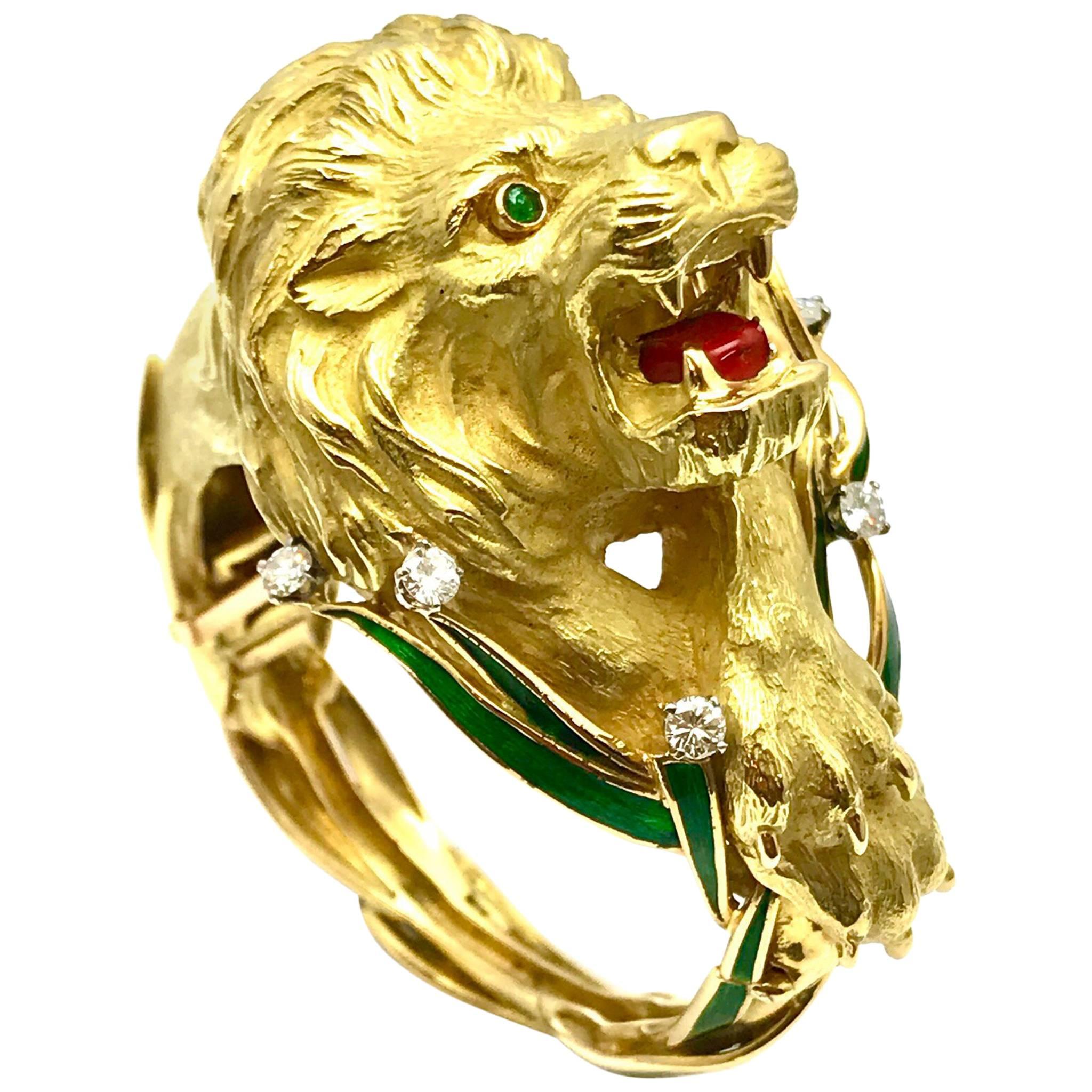 Diamond and Enamel Yellow Gold Lion Bangle Bracelet